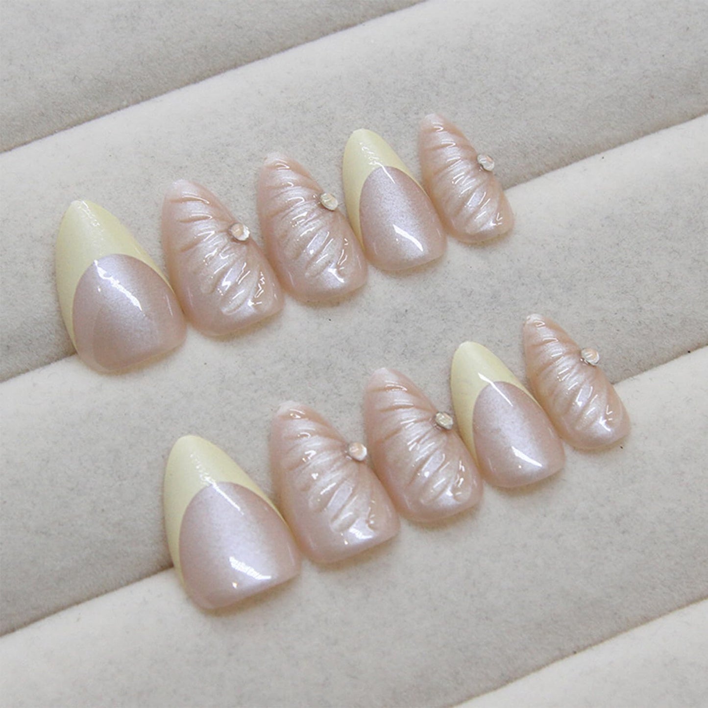 IMRAIN Chrome Press on Nails Medium Almond Fake Nails Yellow French Tips Glue on Full Cover 3D Shell & Rhinestone False Nails Cute Nude Artificial Nails - 24Pcs