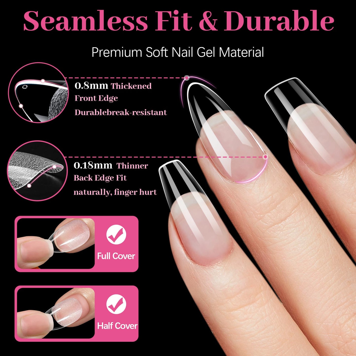 QIEK 450PCS Medium Almond & Coffin & Square - 3 Styles Nail Tips, 70-Grit Pre-Etched Press On Nail in 15 Sizes, Fake Nail Extension Kit for Acrylic Gel Nail Art DIY Salon