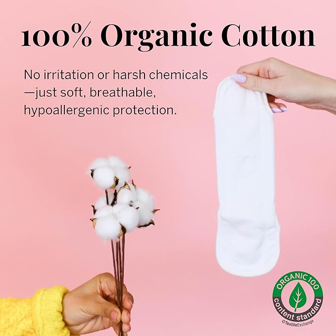 Pixie Cotton Cloth Pads - 100% Organic Reusable Cotton -Ranked 1 for Softest Menstrual Sanitary Napkins - Machine Washable & Includes Free Wet Bag - Menstrual Liner (Overnight)