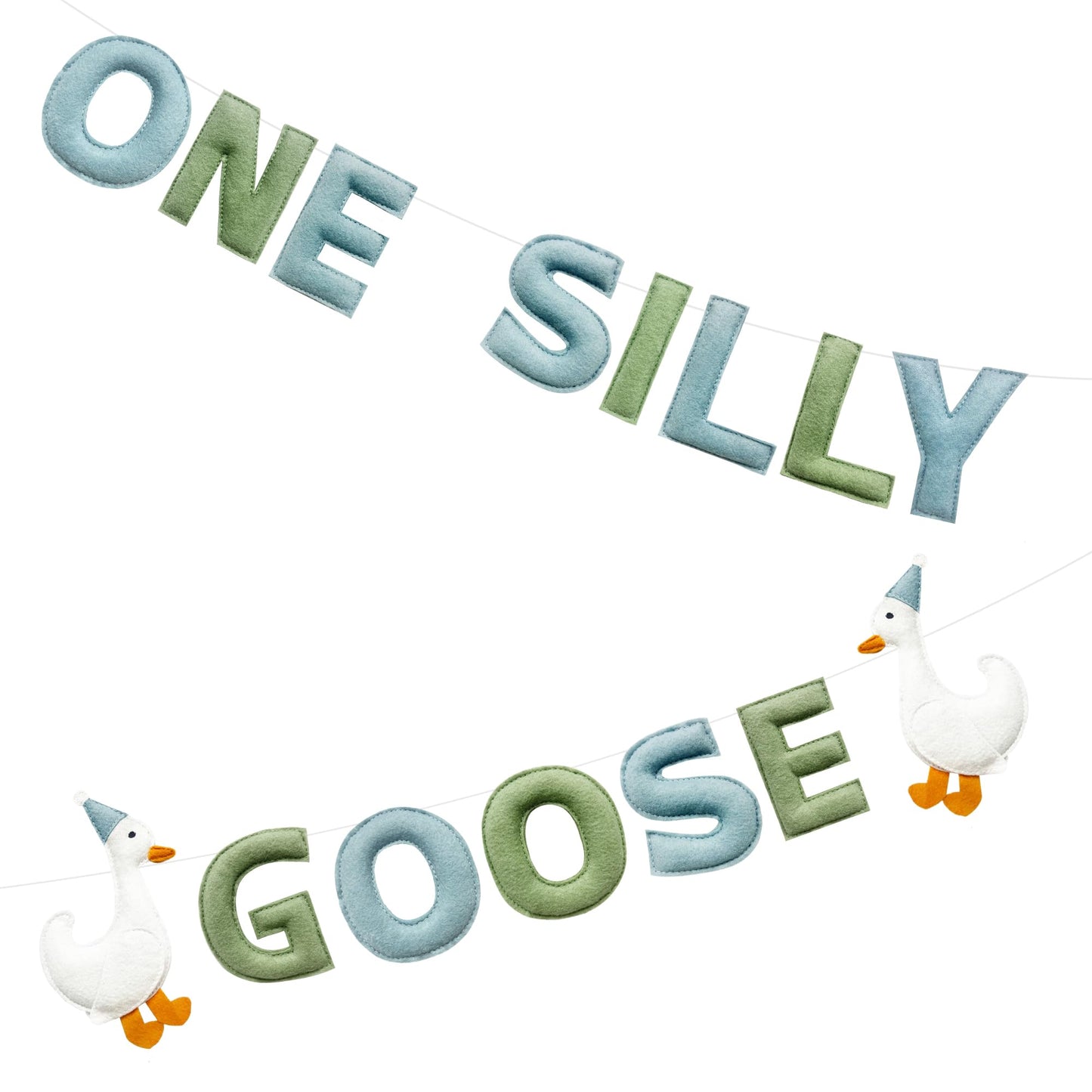 One Silly Goose Birthday Decorations Sage Green Dusty Blue Felt Handmade Pre-Strung 3d Goose 1st Bday Banner for Baby First Birthday Party Decorations Nursery Home Wall Fireplace Decor