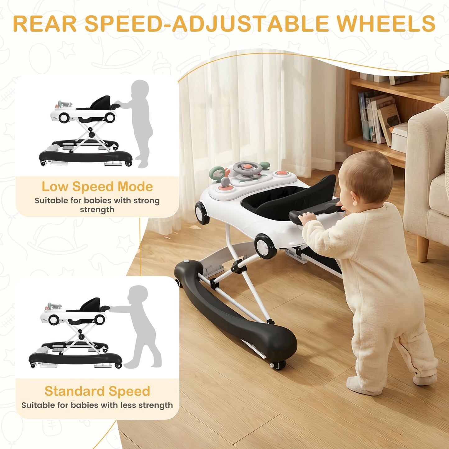 Baby Walker, 5-in-1 Baby Walker for Boys and Girls with Bouncer, Removable Footrest, Music, Foldable & Adjustable Speed Wheels Activity Walker for 6-18 Months Toddler Infant(Black)