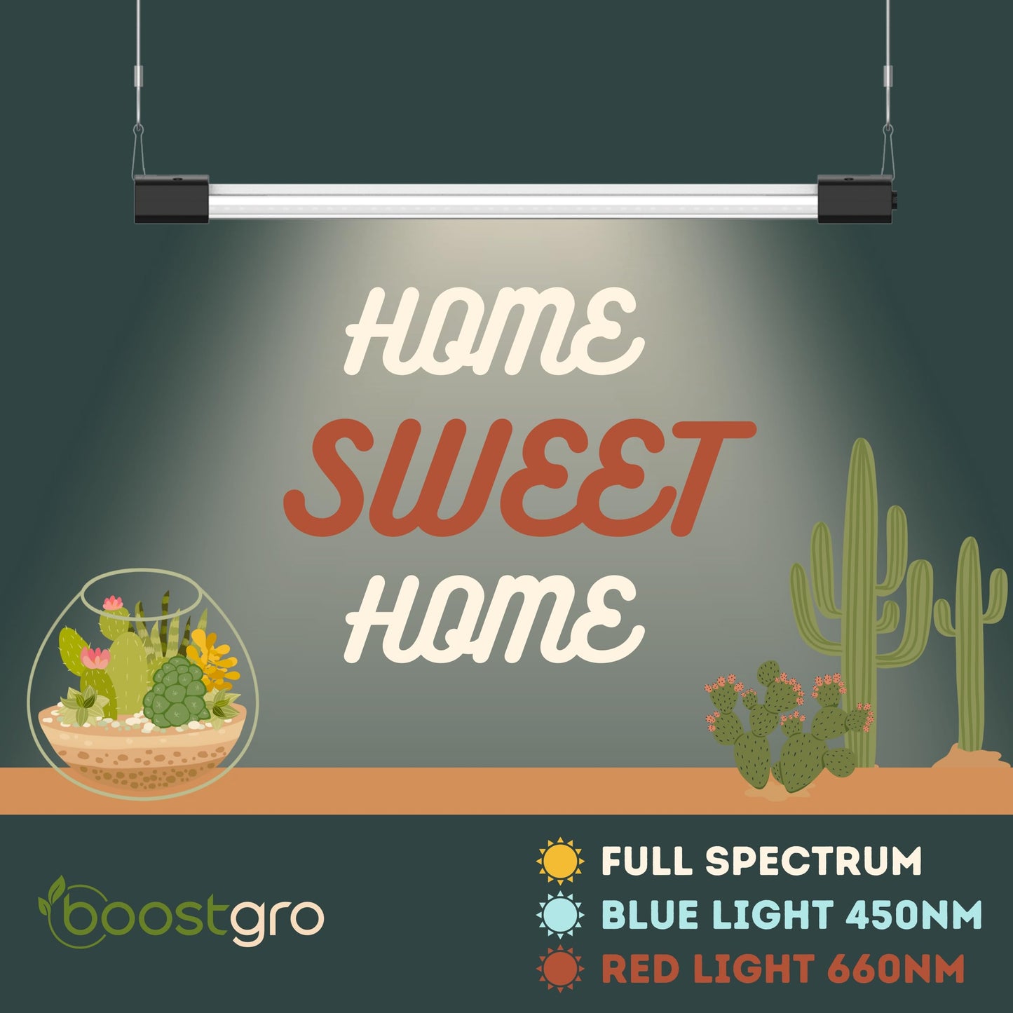 BoostGro 3FT LED Succulent Terrarium Plant Grow Light Linkable Full Spectrum Daylight with Enhanced 660nm Red and 450nm Blue LightTech Indoor Lighting Fixture (3 FT)