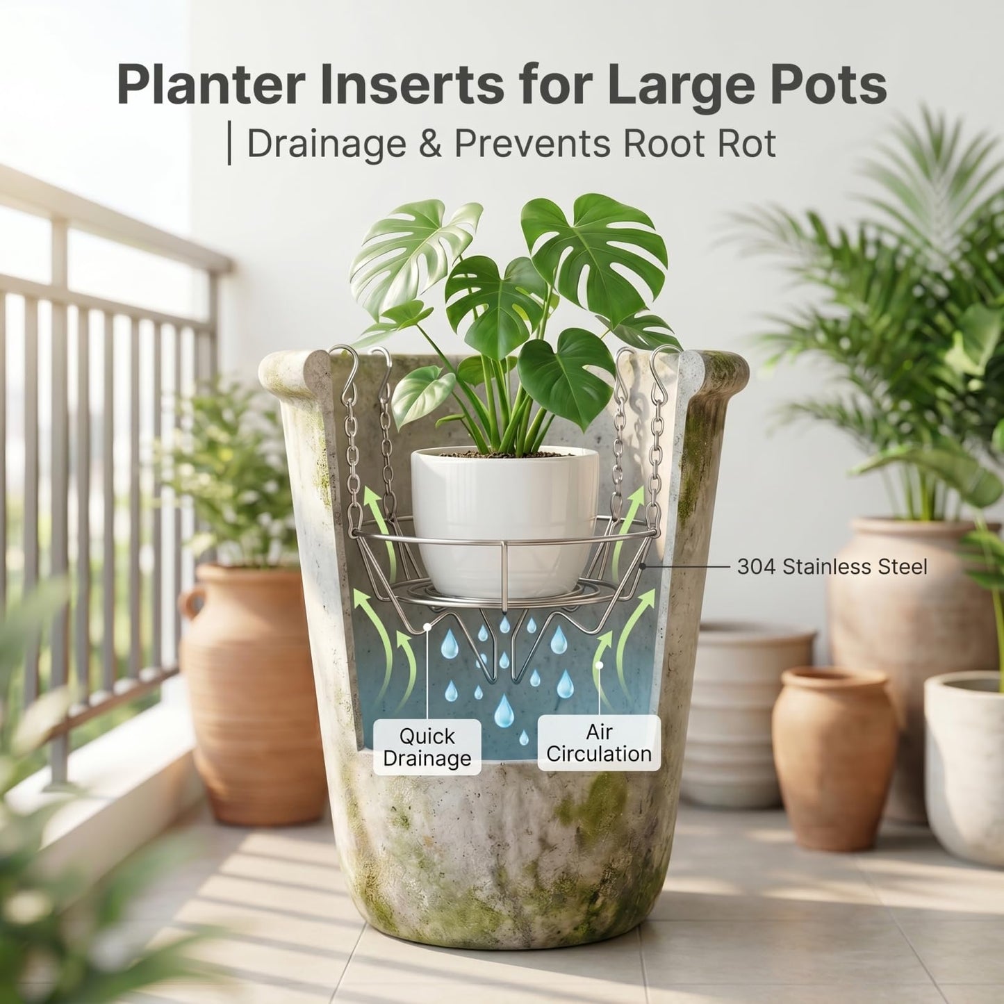 Planter Inserts for Large Pots Indoor Outdoor,304 Stainless Steel Plant Risers for Inside Pots, Height Adjustable Plant Inserts & Pot Risers for Cylindrical & Slightly Tapered Tall Planter(12-15'' Openning)