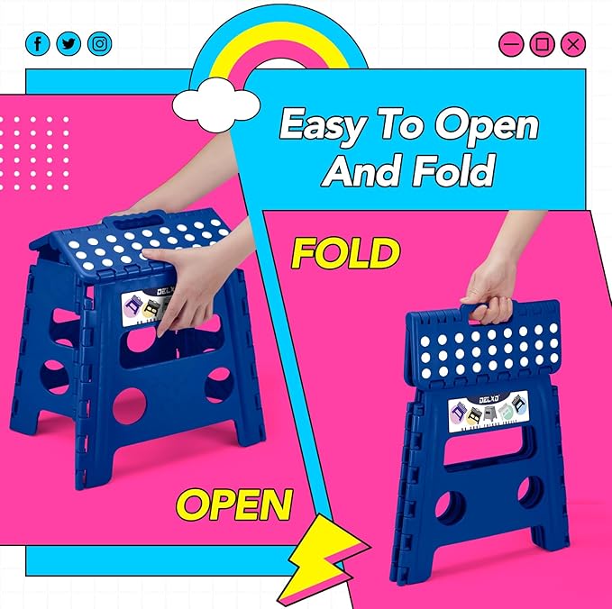 Delxo Folding Step Stool 13 Inch 2 Pack Blue Non-Slip Foldable Stools for Kids & Adults Up to 300 LBS Step Stool with Handle, Lightweight for Kitchen/Bathroom/Bedroom/Garden