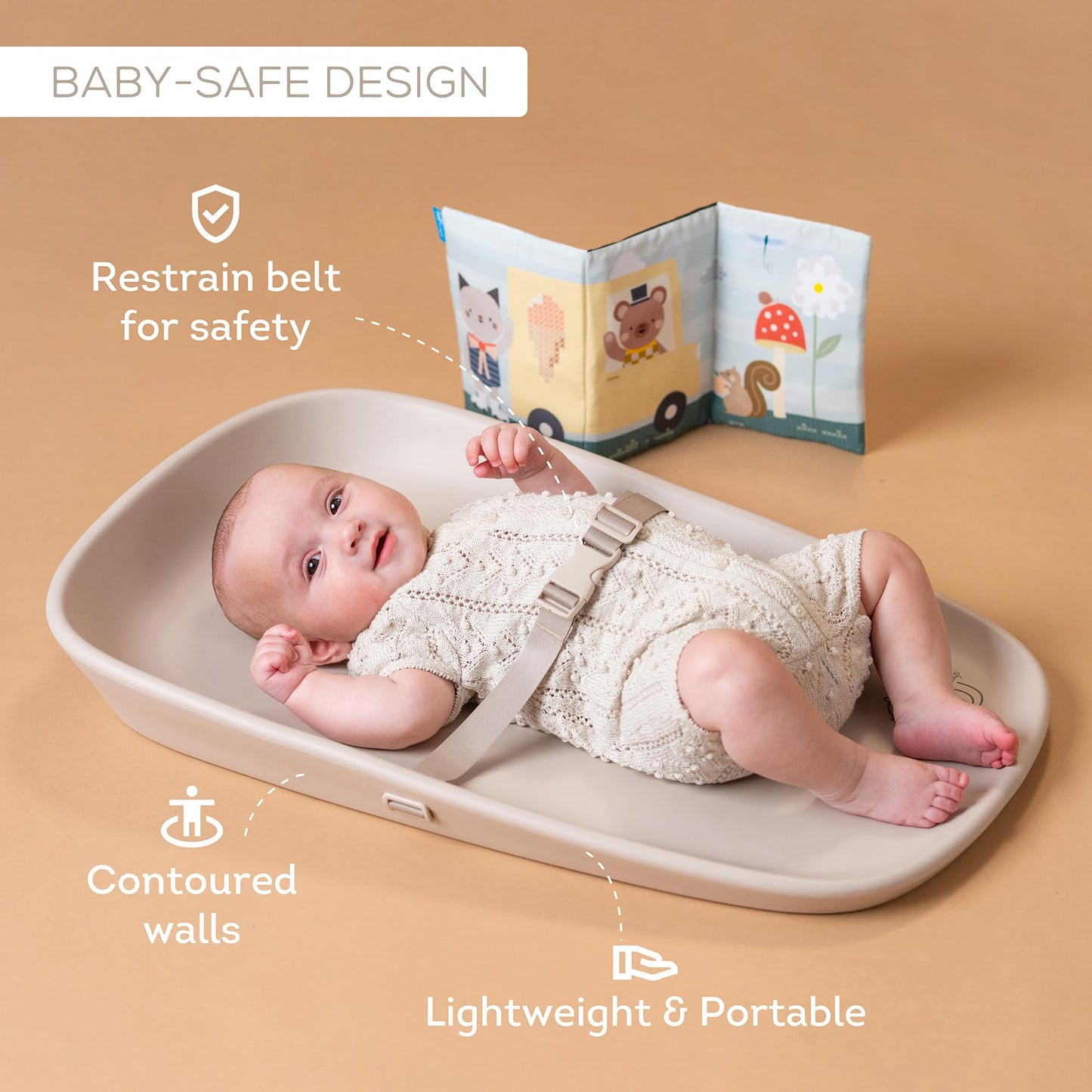Taf Toys Baby Changing Pad & Crinkle Book - Interactive, Waterproof, Wipeable Changing Table Pad - Diaper Changing Pad for Dresser with Removable Safety Strap, Easy to Clean & Non-Slip Waterproof