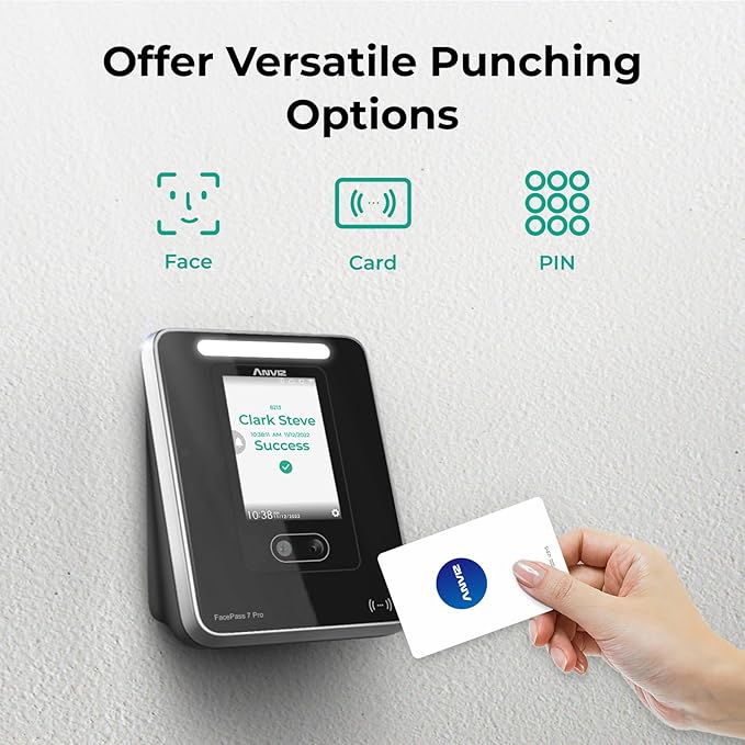 ANVIZ Time Clocks for Employees Small Business - Forever Free Cloud Software - FacePass 7 Pro Biometric Clock in and Out Machine - Support Door Access - Face + RFID + Pin Punching, FacePass 7 Pro
