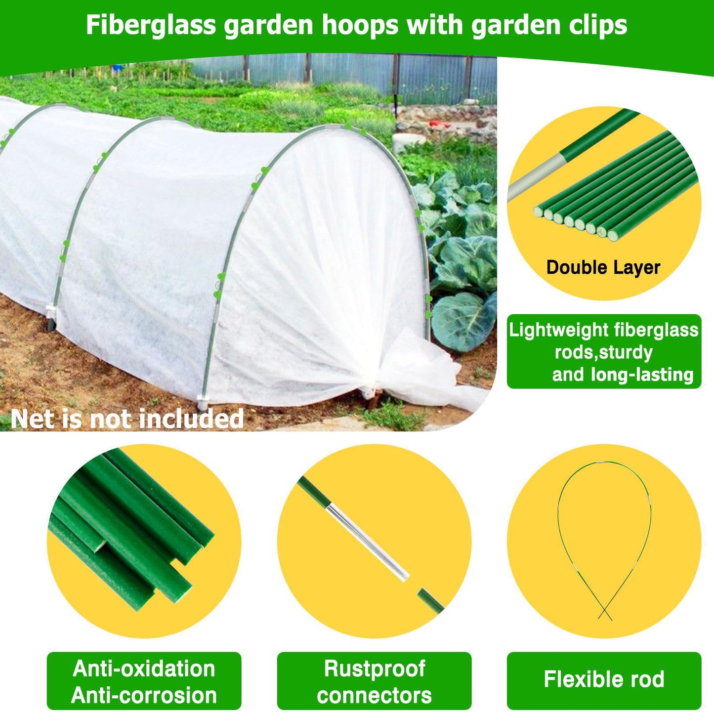 60pcs Garden Hoops for Raised Beds Wide, 8ft Greenhouse Hoops Grow Tunnel for Row Cover Netting, Adjustable Fiberglass Rust-Free Garden Bed Plant Hoops Support DIY Frame Stake for Outdoor, 40pcs Clips