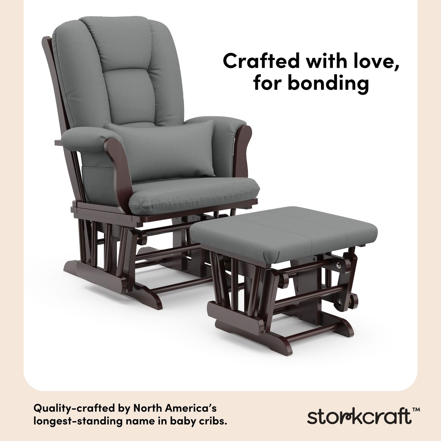 Storkcraft Tuscany Custom Glider and Ottoman with Free Lumbar Pillow (Espresso/Grey) - Cleanable Upholstered Comfort Rocking Nursery Chair with Ottoman