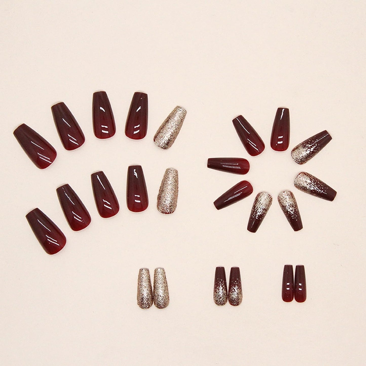 MISUD Press on Nails - Long Coffin Fake Nails with Wine Red, Acrylic Bling Gold Glitter Burgundy Design 24 pcs