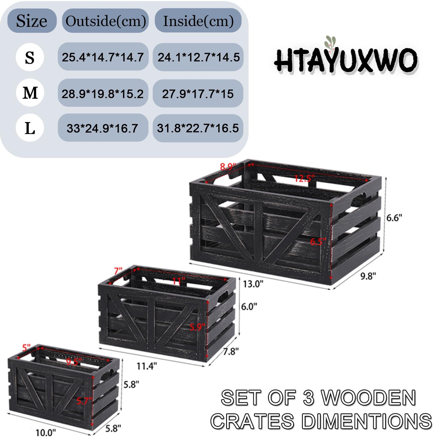 HTAYUXWO Storage Crates Nesting Wooden Boxes 3 Pack,Wood Storage Crates with Handles,Rustic Farmhouse Crates,Wooden Storage Container for Display
