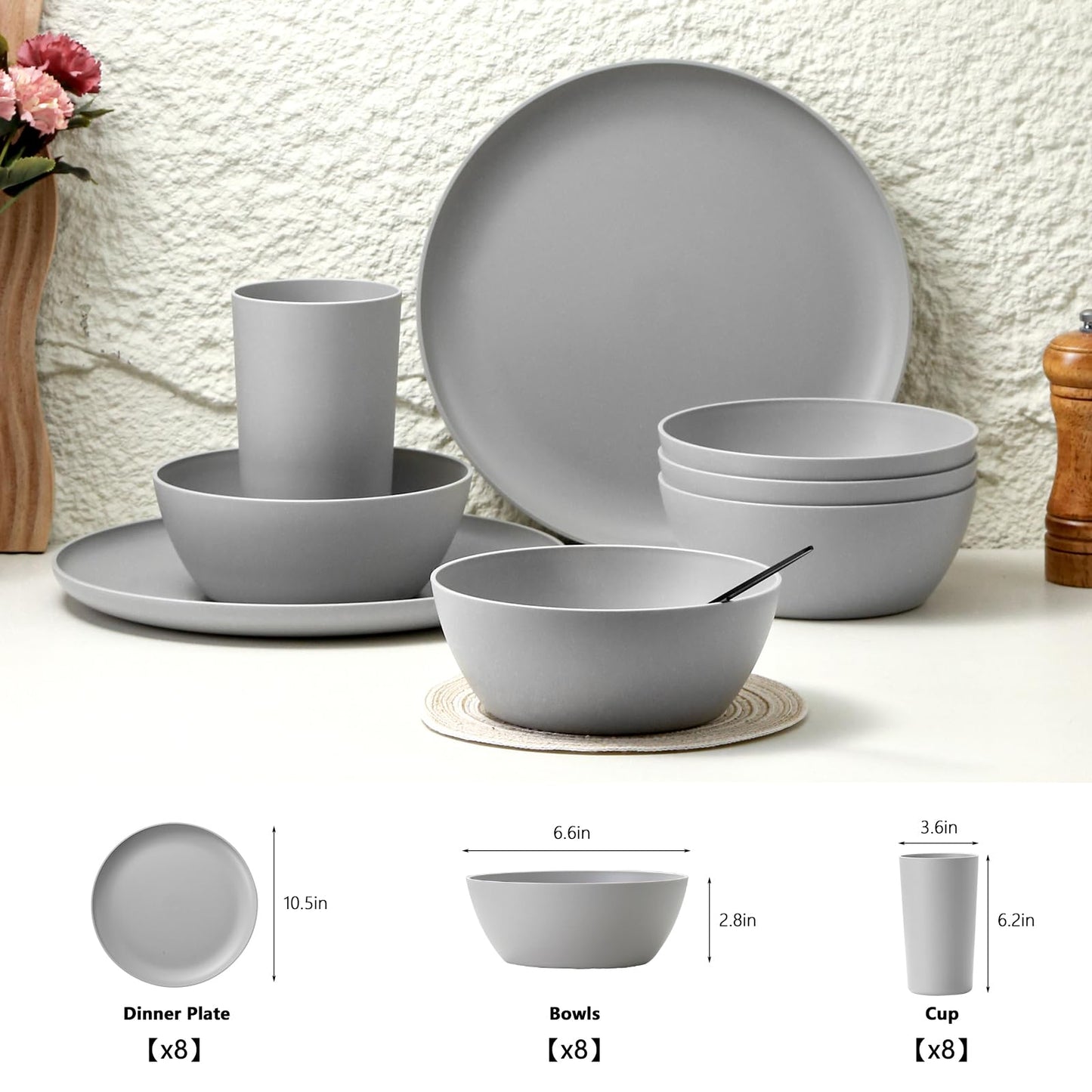 YARRGGU 24-Piece Dinnerware Set, Service for 8, Unbreakable Plates and Bowls Set, BPA-Free, Dishwasher Safe, Gray Tableware for Kitchen, Party and Picnic
