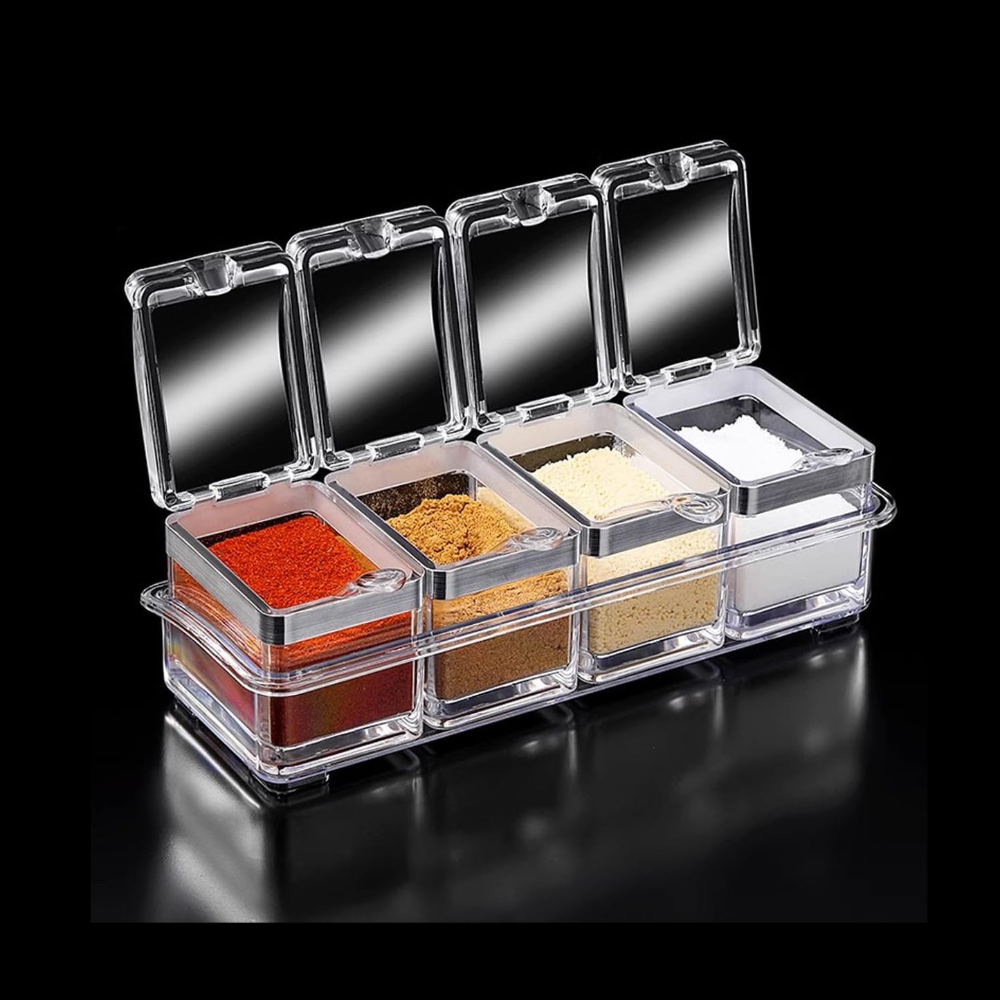 TENTA KITCHEN Gourmet Acrylic Seasoning Box - Premium Quality Pure Acrylic Container and Case- 18/8 Stainless Steel Ring - 4 Serving Spoons -Luxurious Condiment Cruet Bottle, Spice Jar Set