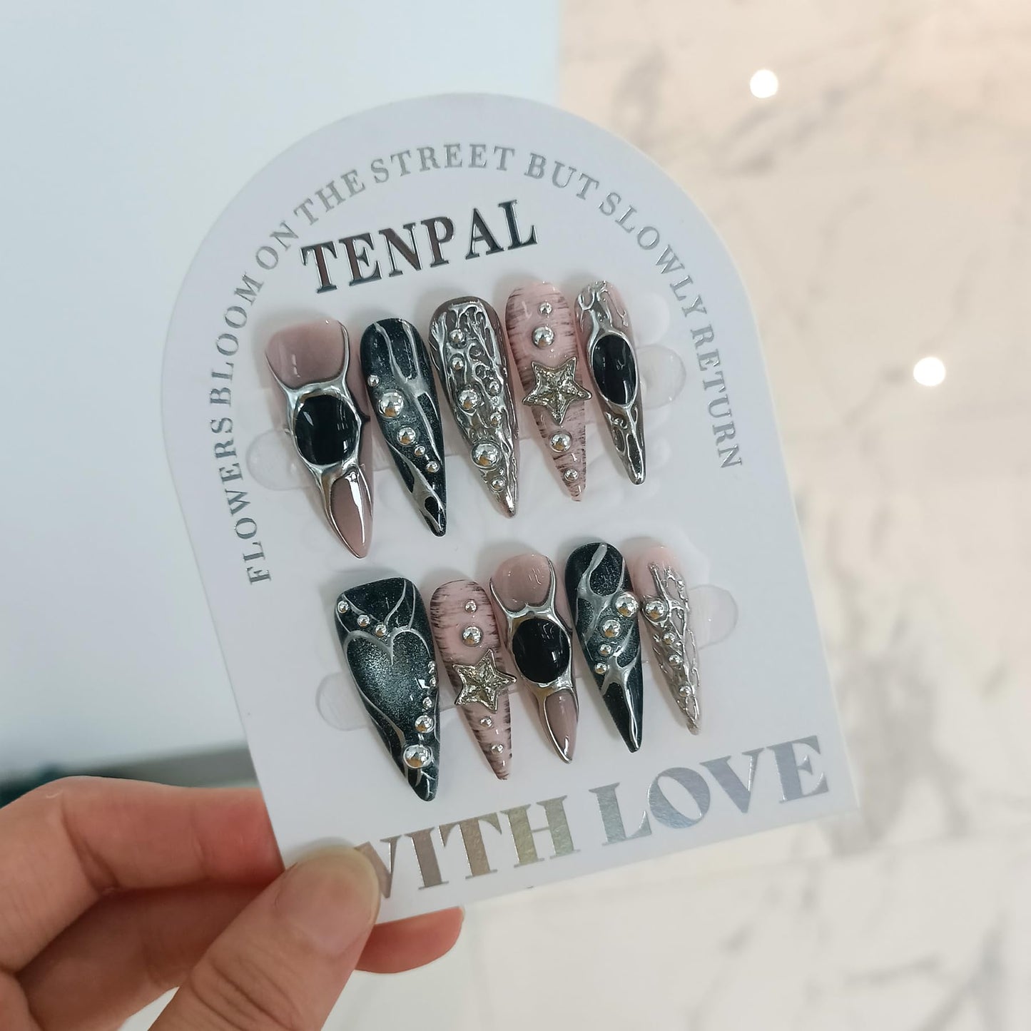 TENPAL Pink Black Press on Nails Long Stiletto,Metal Gothic Fake Nails with Punk Stars Beads,Cat Eye Glitter Edgy Y2K Ins False Nails with Tools,Sweet Grunge Irregular 3D Handmade Nails 10pcs(S)
