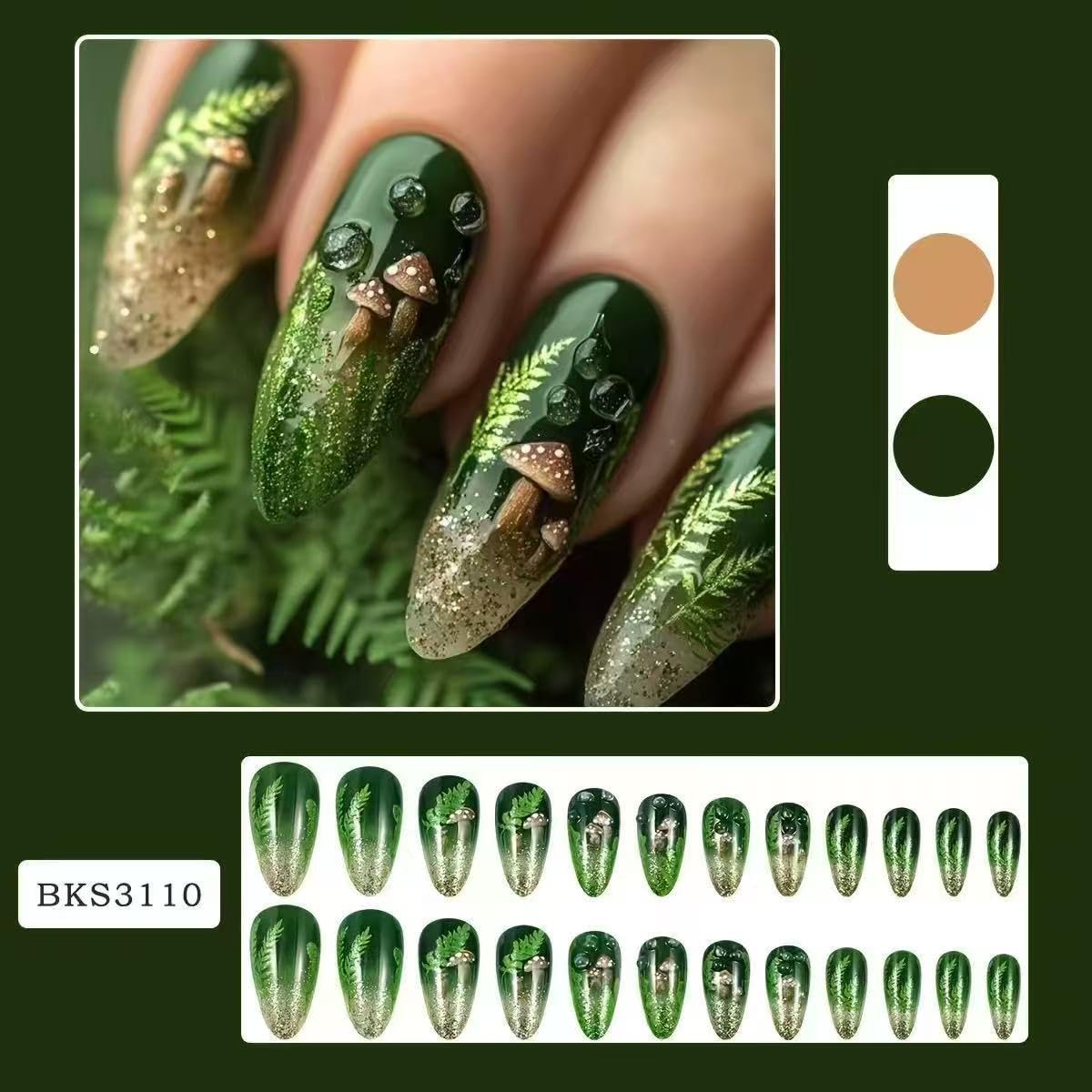24Pcs Almond Press on Nails Medium Length Fake Nails Summer Leaf Green False Nails with Glitter Designs Mushroom Glue on Nails Full Cover Glossy Stick on Nails Cute Acrylic Fake Nails