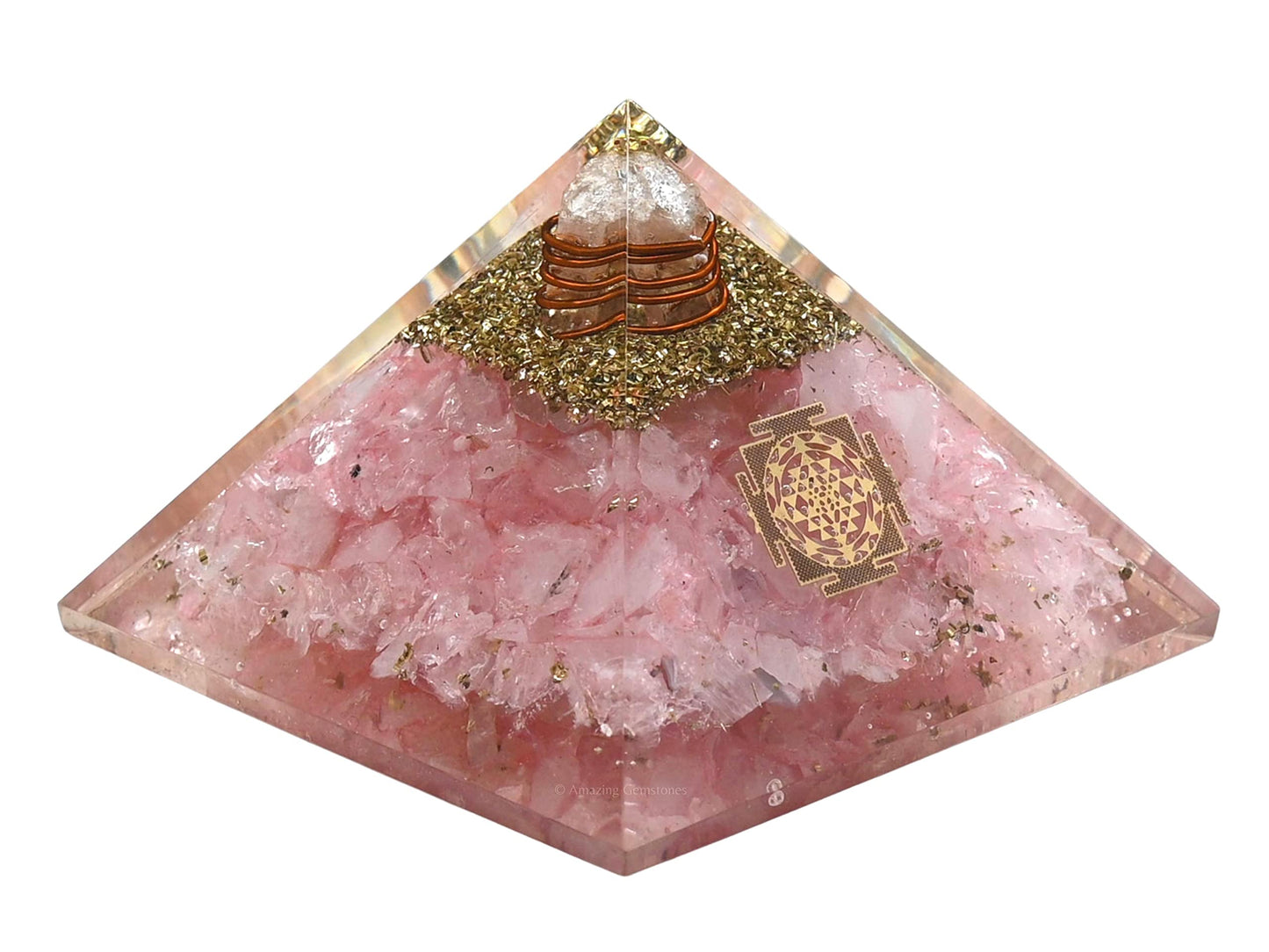 Amazing Gemstone Large Rose Quartz Orgone Pyramid Crystal, Sri Yantra Orgonite Pyramid - Positive Energy Healing