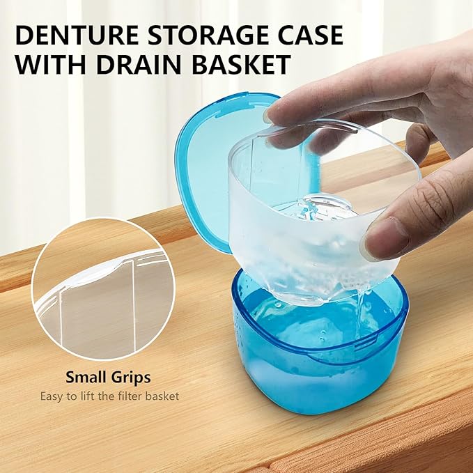 Denture Bath Case Denture Soaking Container with Lid Leak Proof, False Teeth Holder Mouthguard Storage Box Retainer Soaking Case - Transparent Blue