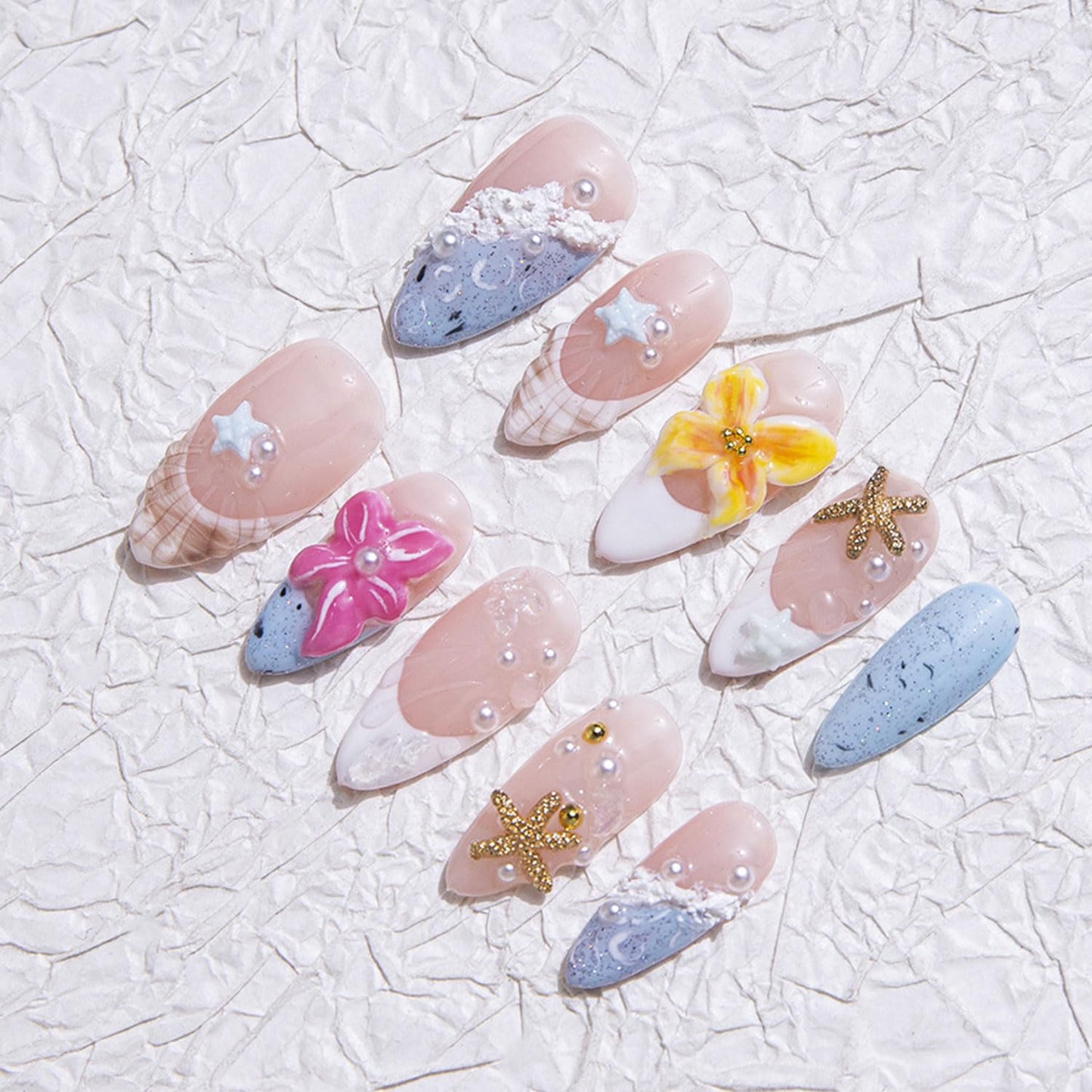 Handmade Press on Nails Medium Almond Nails with Glue,Shell French Tip Fake Nails with 3D Floral Design Ocean Nails Press ons Nude Pink False Nails Muti-Layer Gel Acrylic Nails for Women (Size S)
