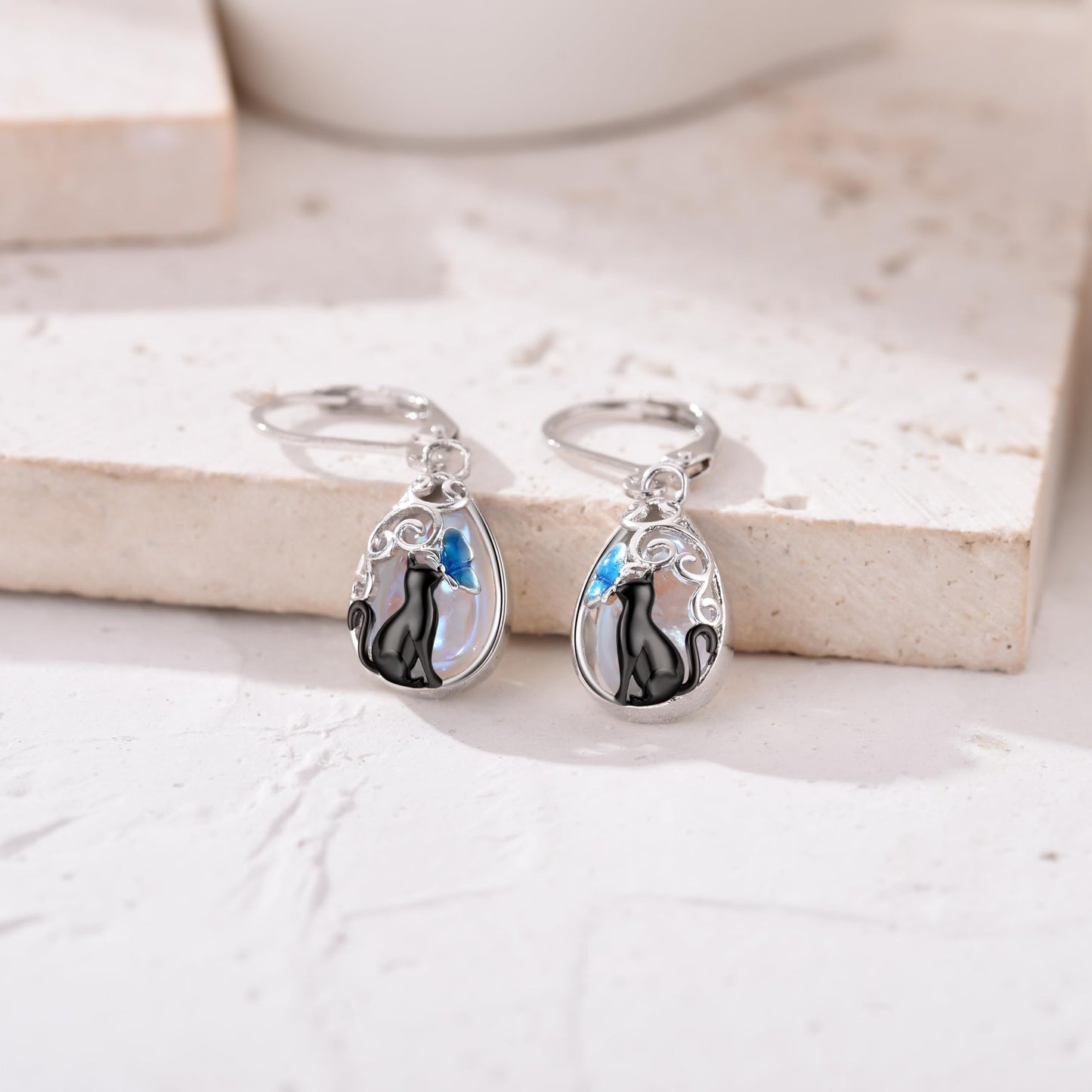 HELORET Black Cat Moonstone Dangle Earrings with Butterfly Leverback Design