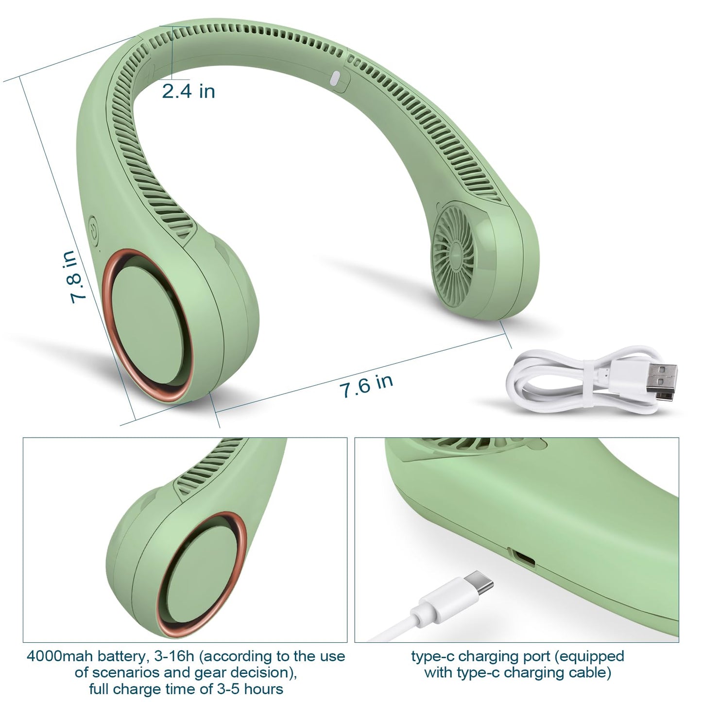 CIVPOWER Neck Fan: Portable Personal Neck Cooling Rechargeable Bladeless Fan - Hands Free 3 Speed 4000 mAh Battery USB Operated Wearable Headphone Design - Gift for Men Women Outdoor (Light Green)