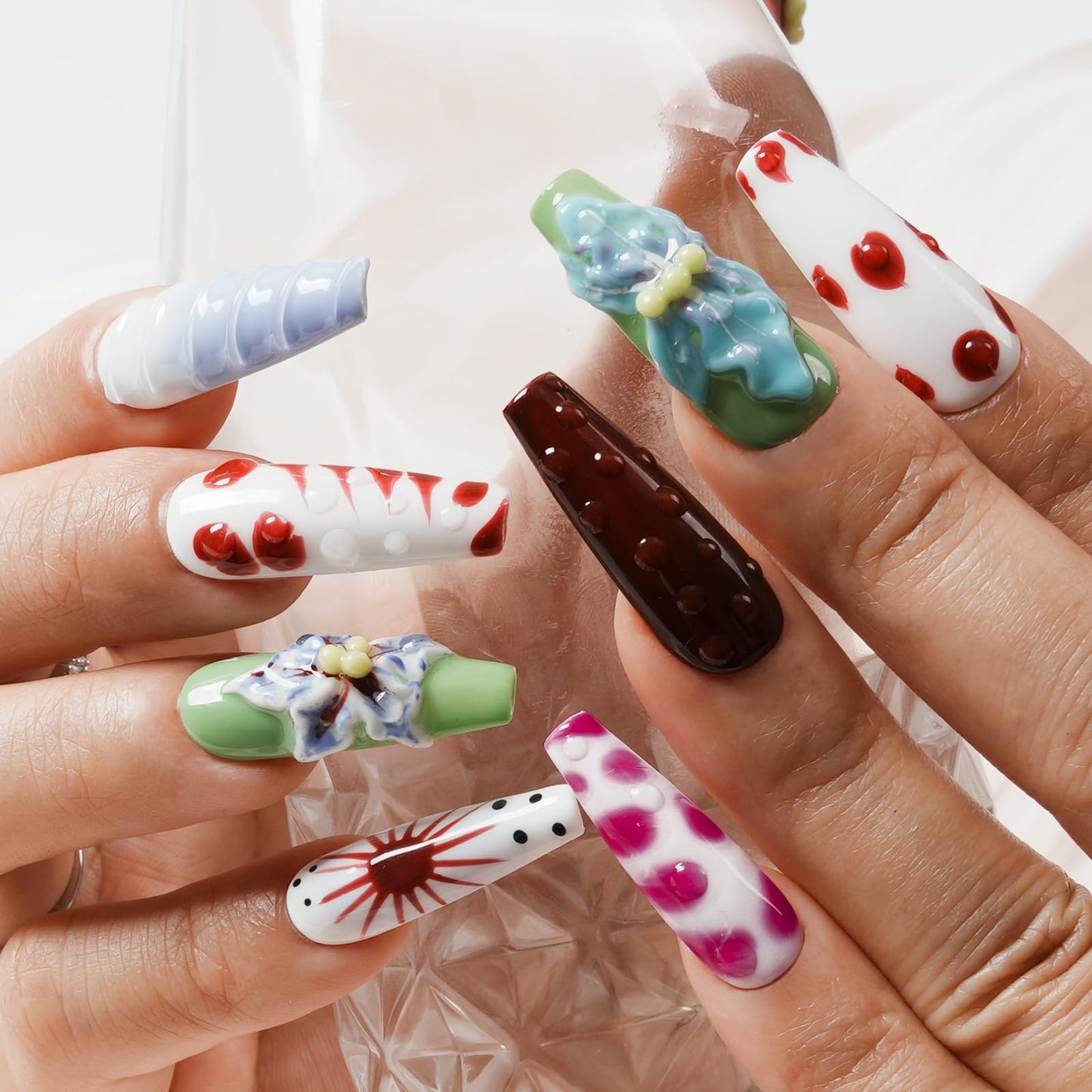 Tesytto Long Coffin Press On Nails with 3D Floral Design - Summer Multicolor Thick Luxury False Nails Reusable Acrylic Nails (Summer Stories,M)