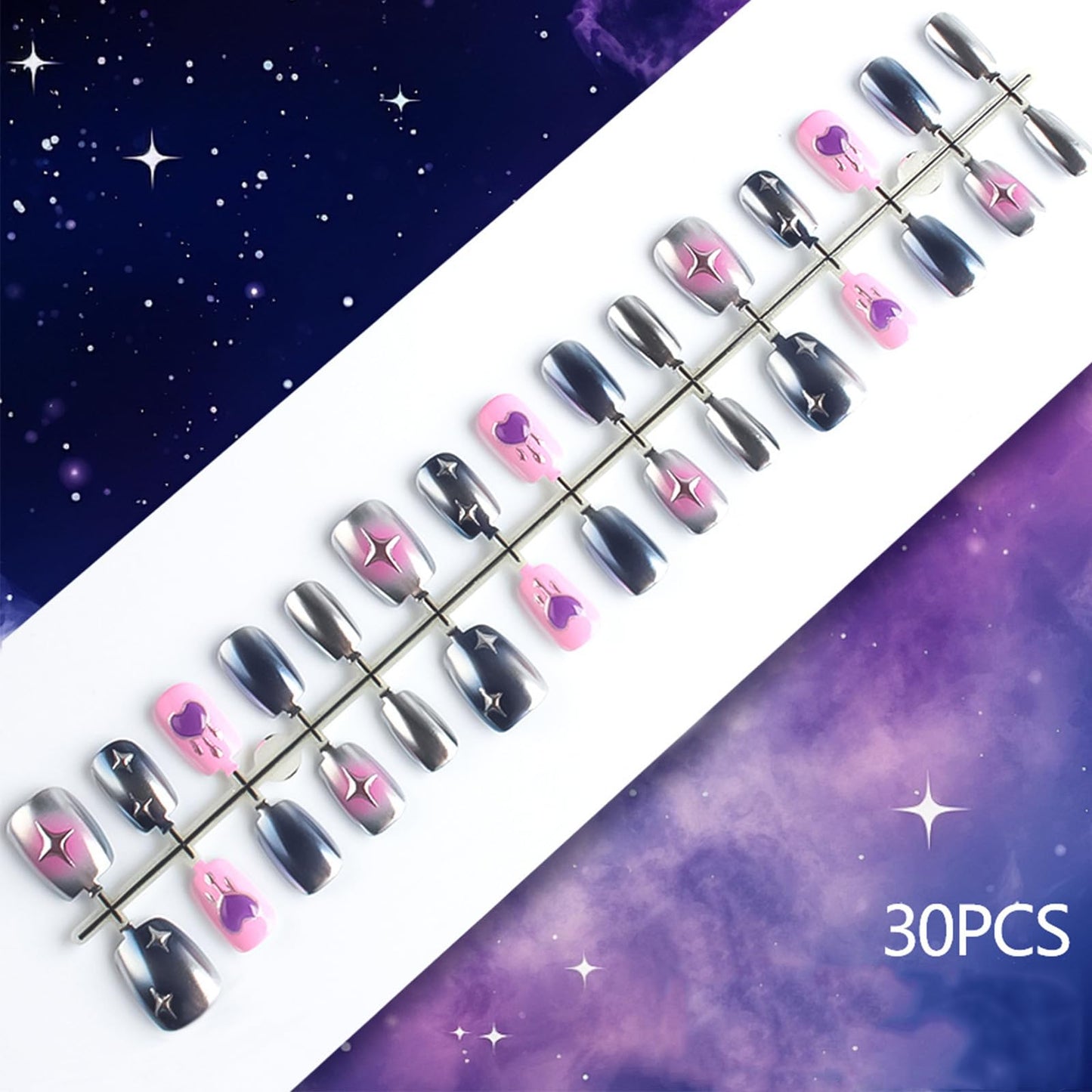 30Pcs Valentines Press on Nails Glossy Blue Aurora Powder Stick on Fingernails 3D Love Heart Acrylic Fake Nail Start Gel Glue on Nail Pink Gradient Short Square False Nails for Women Valentine's Gift
