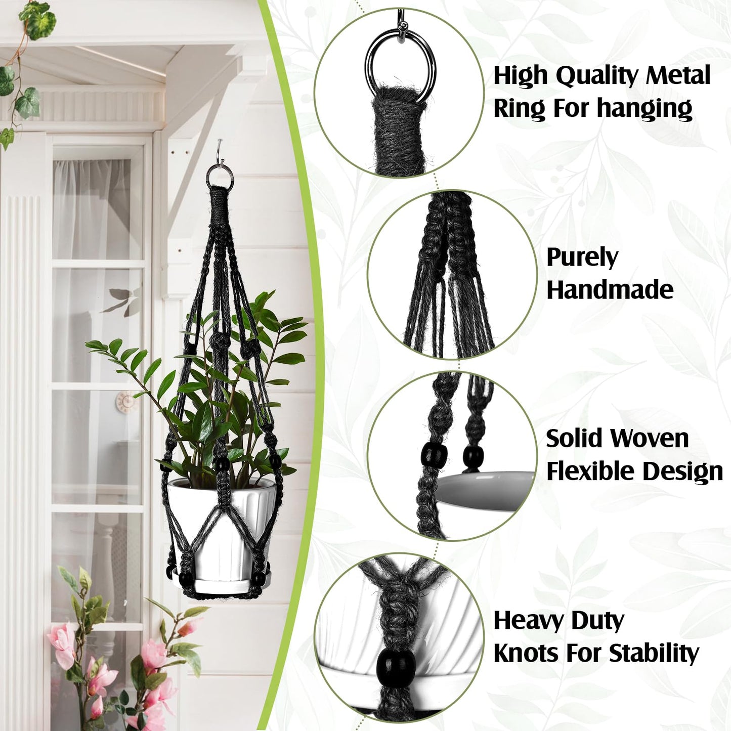 Hoteam 12 Pcs Macrame Plant Hangers Macrame Hanging Planters for Indoor Plants Handmade Boho Hanging Baskets Flower Pots Holder for Outdoor Home Wall Decor(Black)