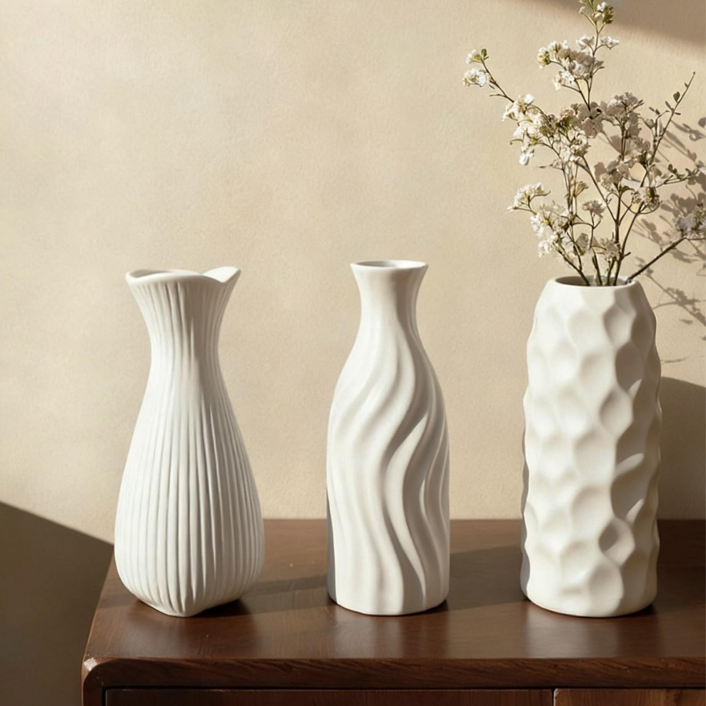 JKT Home White Ceramic Vase Set Home Decor – Farmhouse & Boho Decorative Vase Set for Kitchen, Living Room, Bedroom, Office, Bookshelf Decor, Bathroom, Centerpiece Table Decor