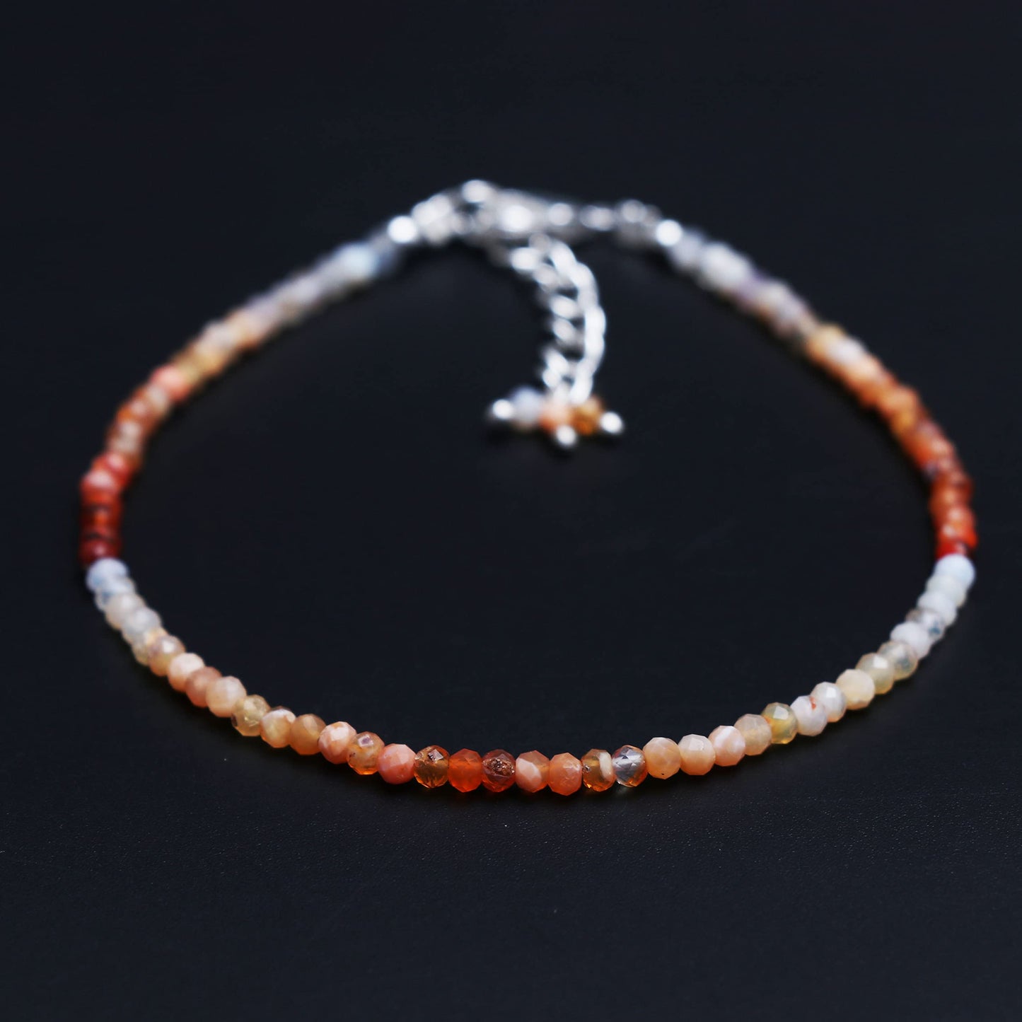 Gempires Handmade Mexican Fire Opal Gemstone Beaded Bracelet for Women | 2.4–2.5 mm Faceted Natural Stone | Adjustable 7+1 Inch Silver Plated Chain | Dainty Minimalist Stacking Jewelry | October Birthstone Gift