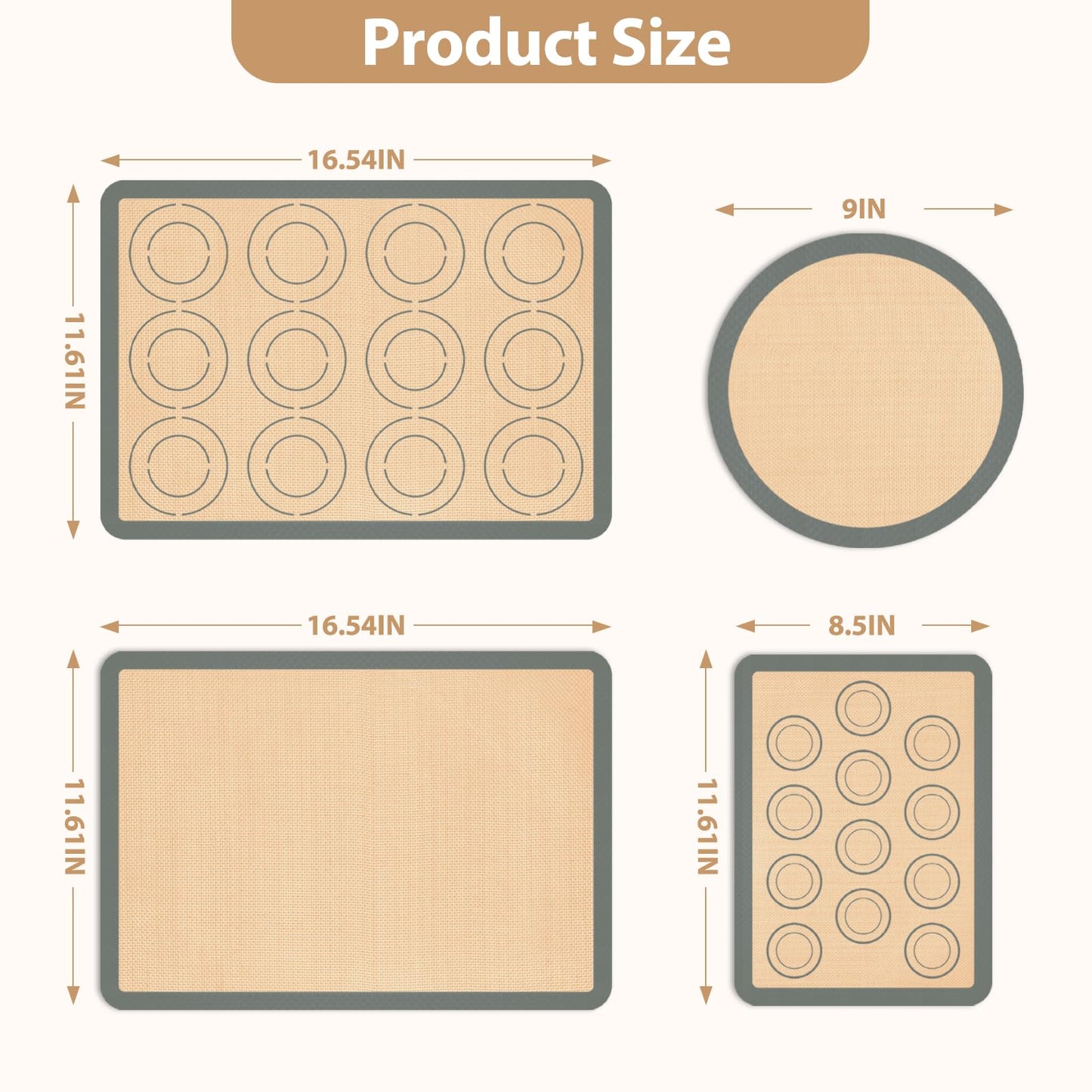 Silicone Baking Mat Set of 6, Nonstick Pastry Mat, Reusable Macaron Silicone Baking Mats & Round Pizza Mat, Cookie Baking Supplies for Macaroons, Pizza