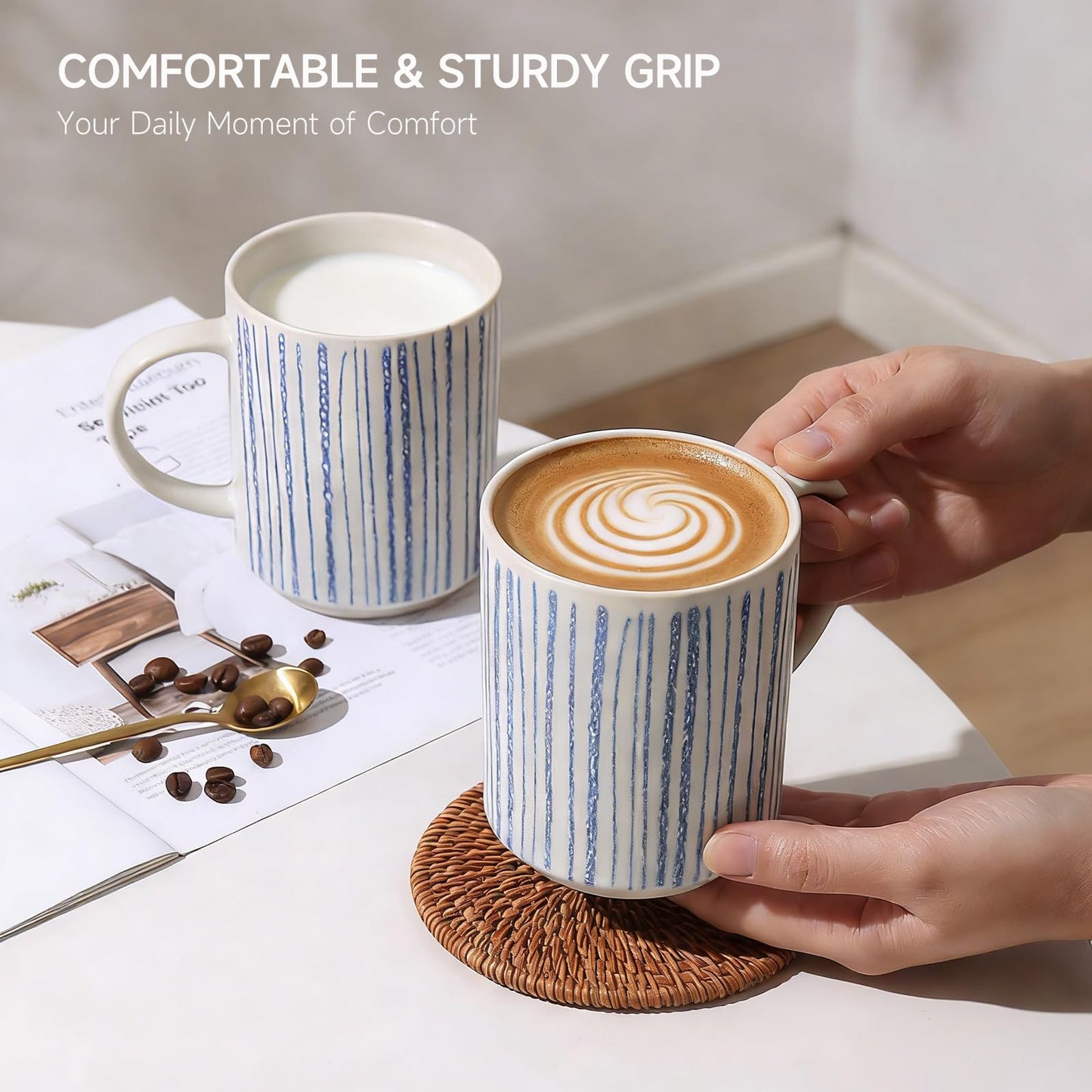 ALOFMO Ceramic Mugs Set of 6, Modern 17oz Coffee Mugs, Stackable Coffee Cups with Handpainted Blue Stripe Pattern, Dishwasher and Microwave Safe Mugs for Home & Office
