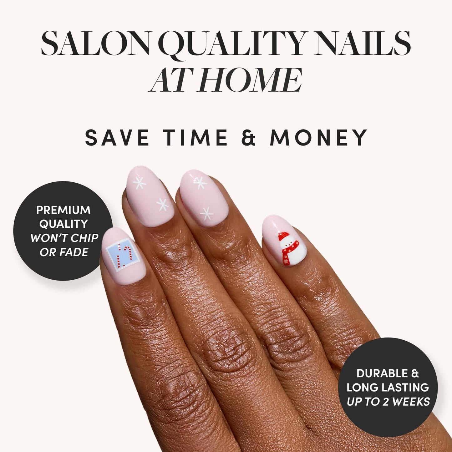 Glamnetic Press-On Nails Bundle - Cocoa & Kisses, Hailey & Think Pink | Oval Nude Nails with Festive Winter Graphics | Glazed Almond Nails | Light Pastel Pink Short Oval Fake Nails