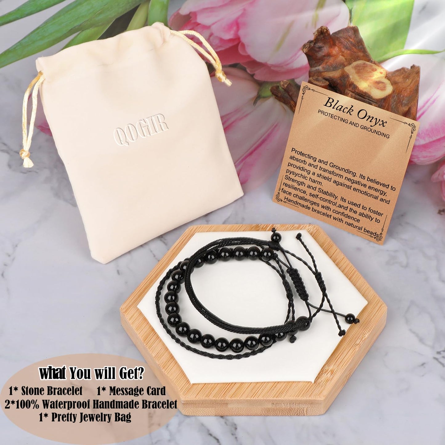 QOGIR Handmade Healing Bracelets,8mm Natural Black Onyx Gem Stone Beads Bracelet for Men Women Gifts with 2PCS Size Adjustable Rope Bracelets