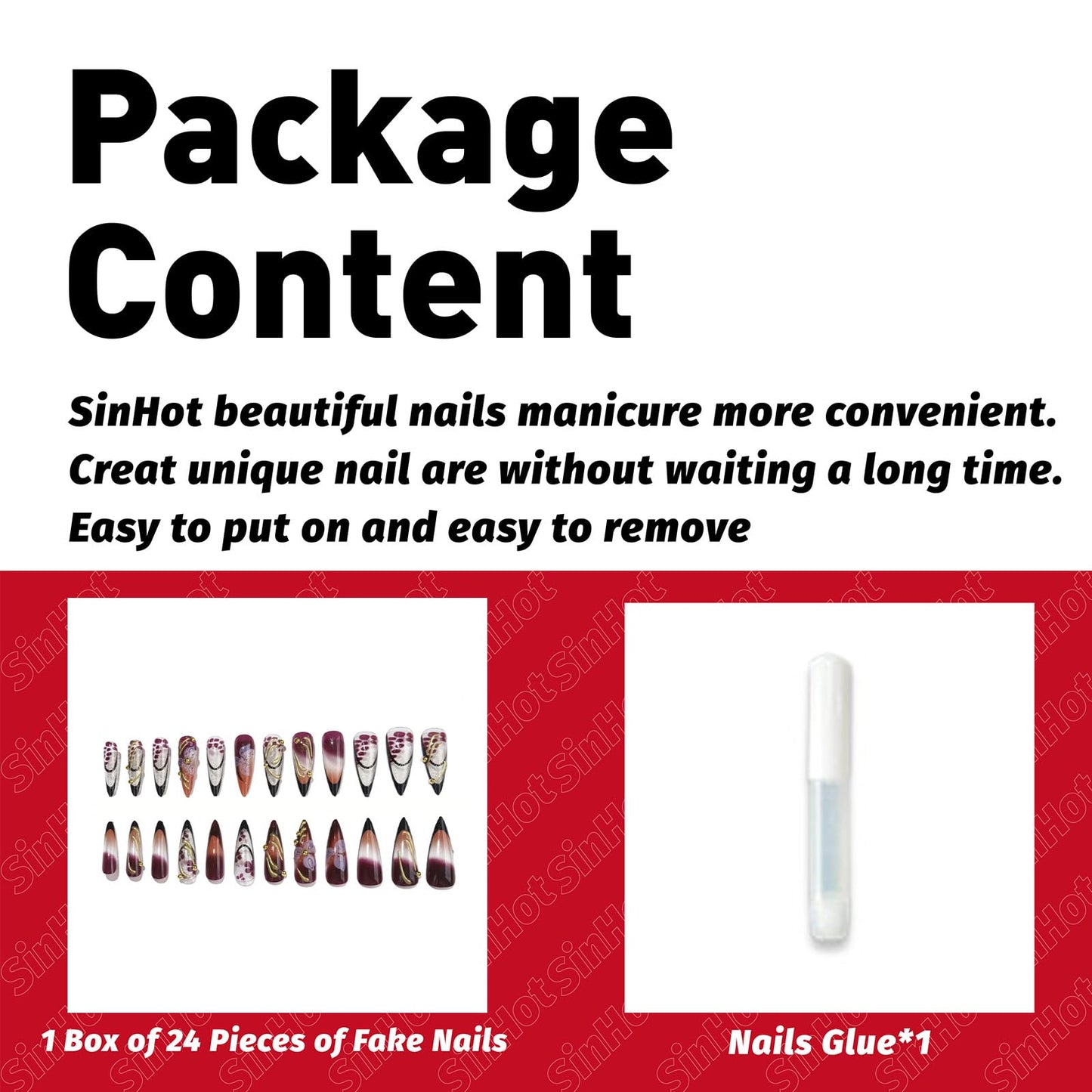 SINHOT Stiletto Press on Nails Long - Long Fake Nails, Glossy Finish, 3D Flowers & Gold Chrome, DIY Artificial False Nail Art - 24 Pcs Nail Kit with Glue