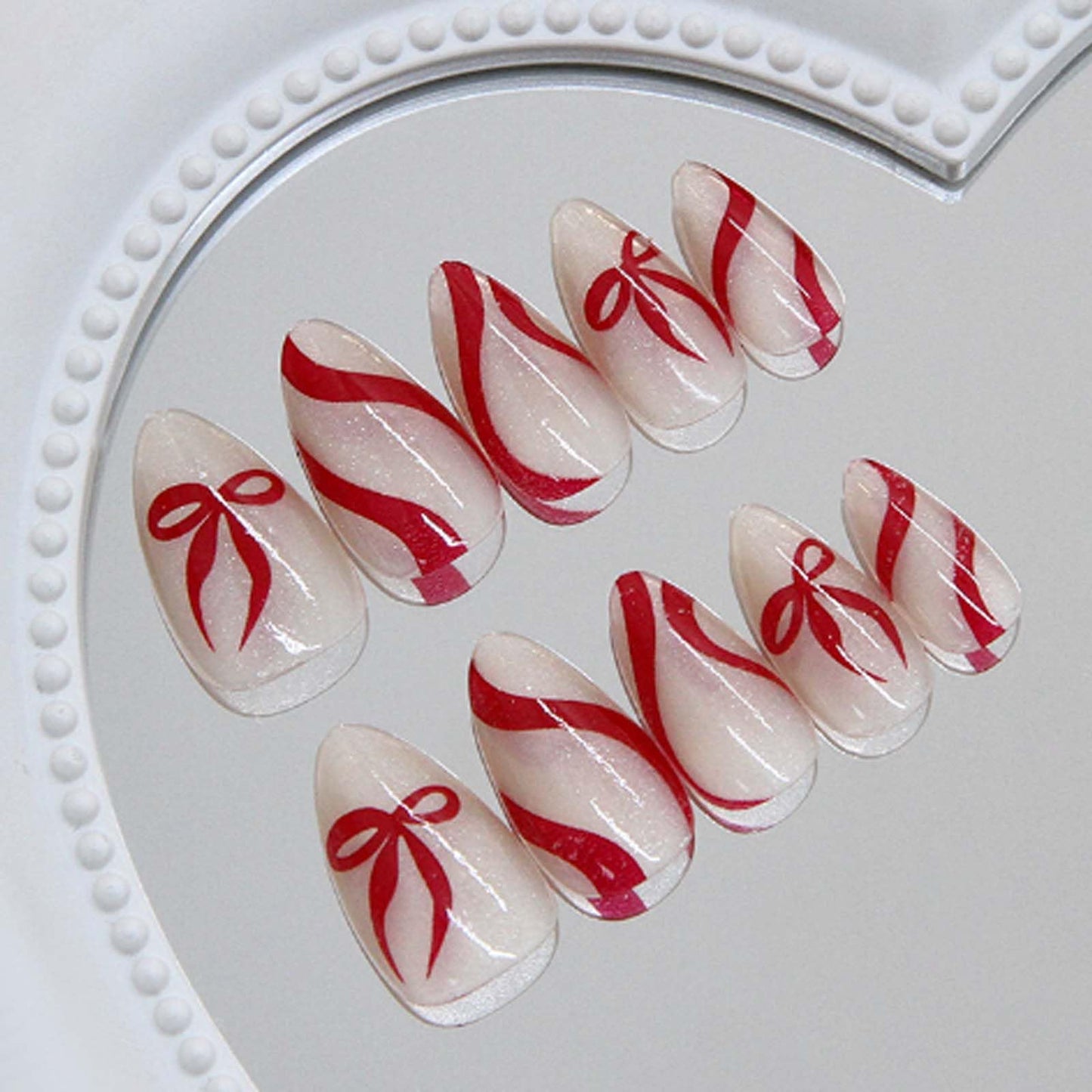 Hkanlre Sequins Press on Nails Almond Full Cover False Nails Red Fake Bow Nails Medium for Women 24PCS