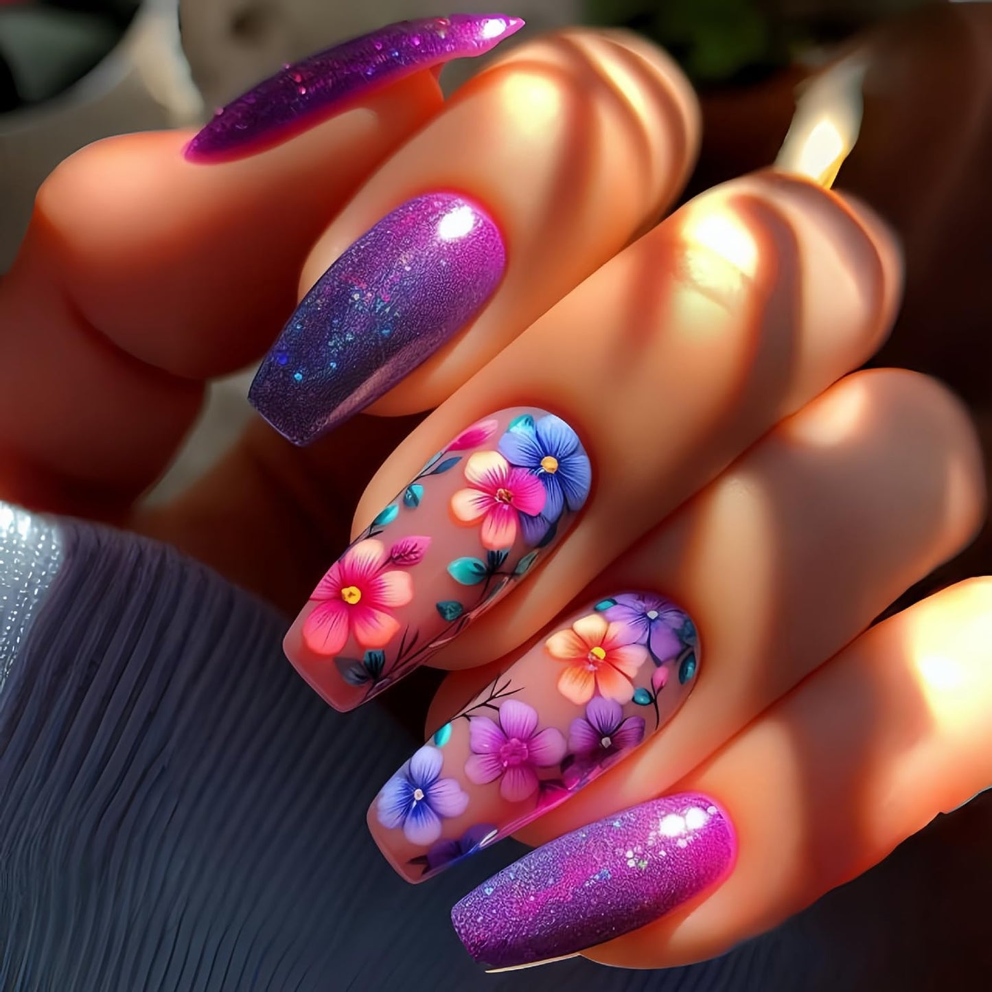 CJDLTS Press on Nails Medium Ballet Shaped Purple Flowers Pattern Design False Nails Purple Gradient Press Nails Full Cover Glitter Nails Artificial Stick on Nails Glossy Glue on Nails for Women