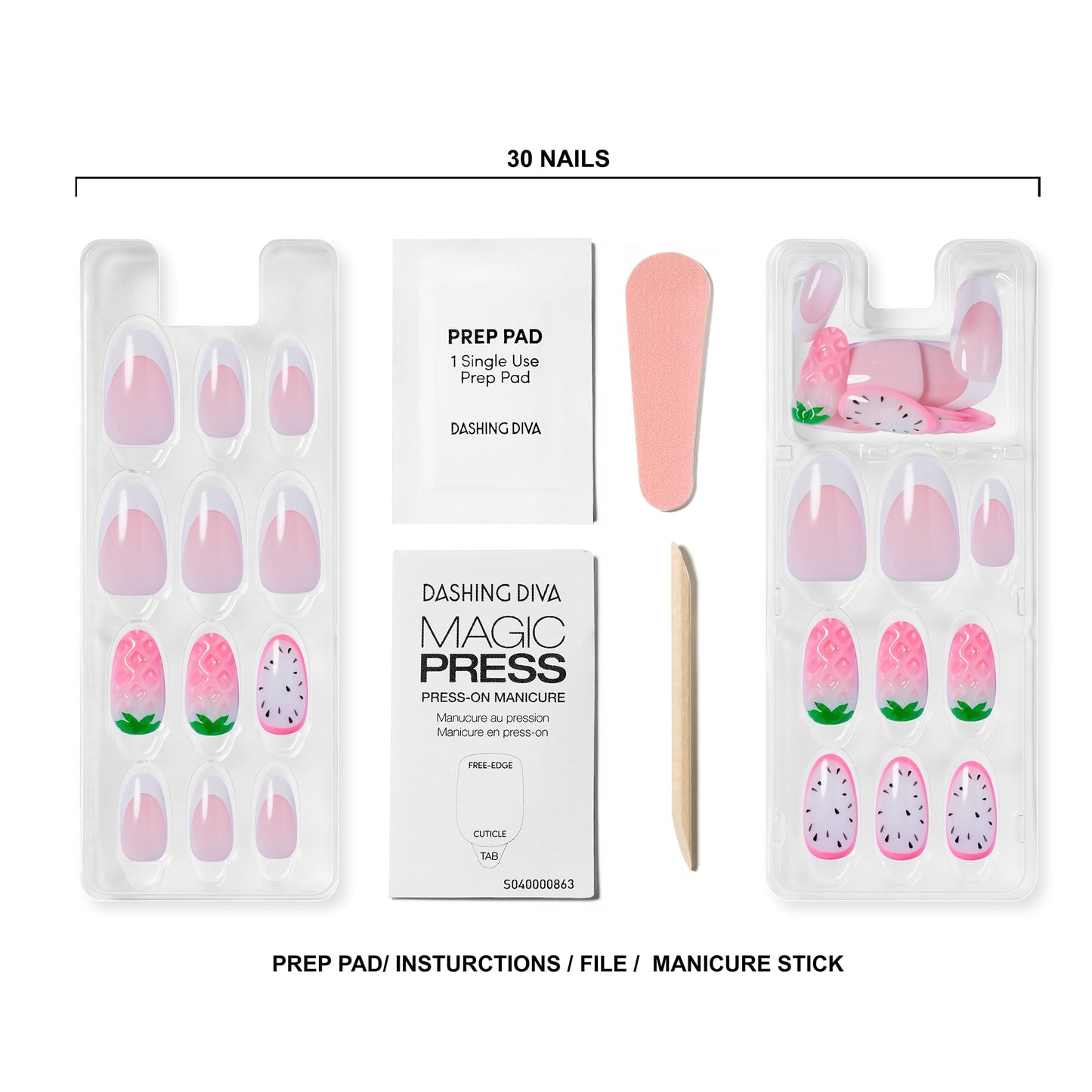 Dashing Diva Magic Press Nail Set - Playa 1 - Long Almond Press On Nails - Long Lasting Gel - Lasts Up to 10 Days - Summer Gel Set - 4-Piece Manicure Kit with 30 Nails