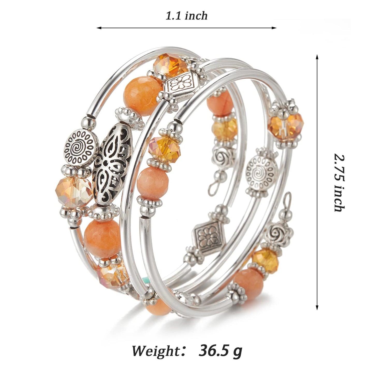 FULU AUTUMN Stackable Beaded Bracelets for Women Boho Wrap Silver Bracelet Layered Fashion Jewelry Gifts for Her(Orange)