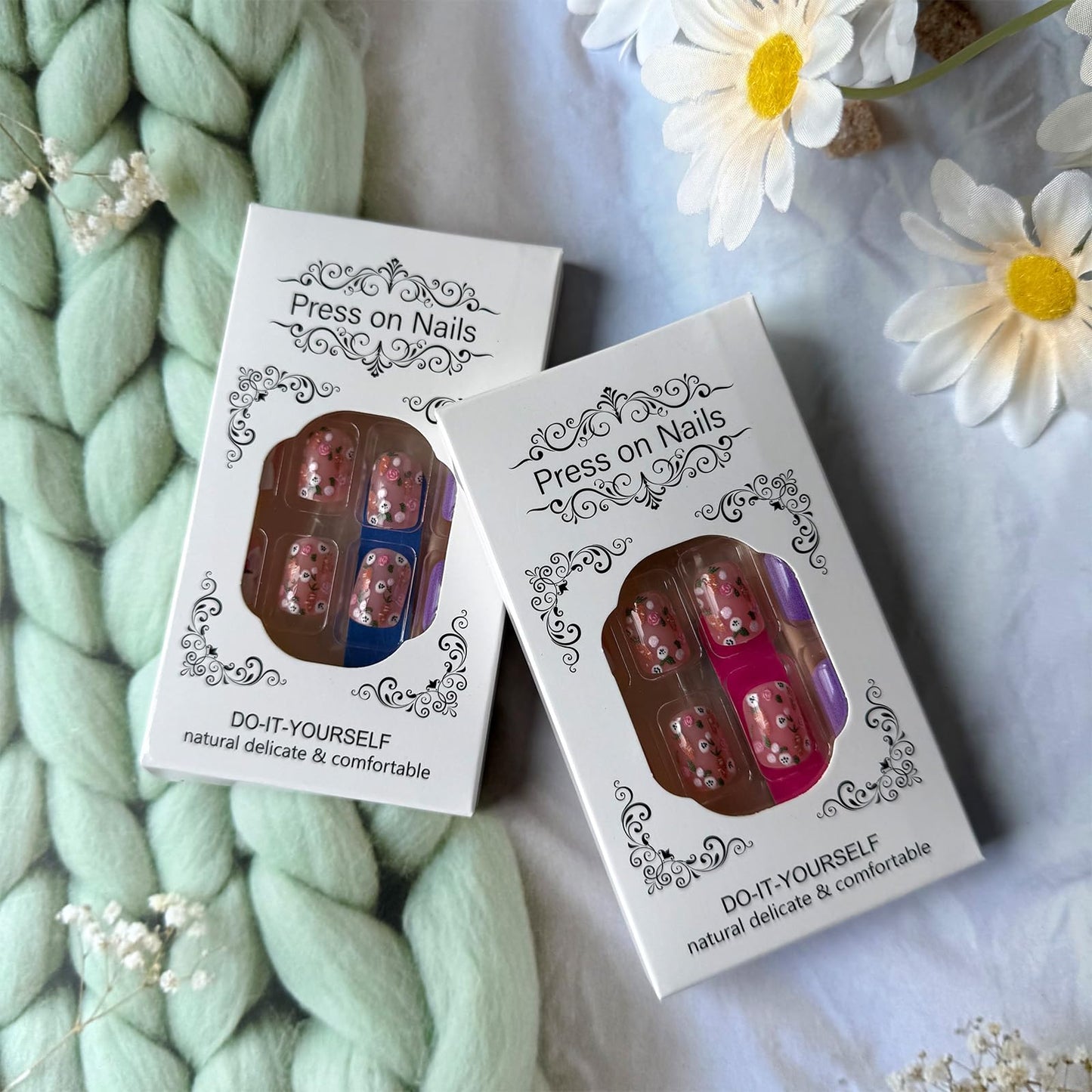 Easter Bunny Press on Nails Short Square Fake Nails with Spring Summer Floral Carrot Pattern Easter Nail Press ons Glossy Purple False Nails Flower Rabbit Glue on Nails for Women 24Pcs