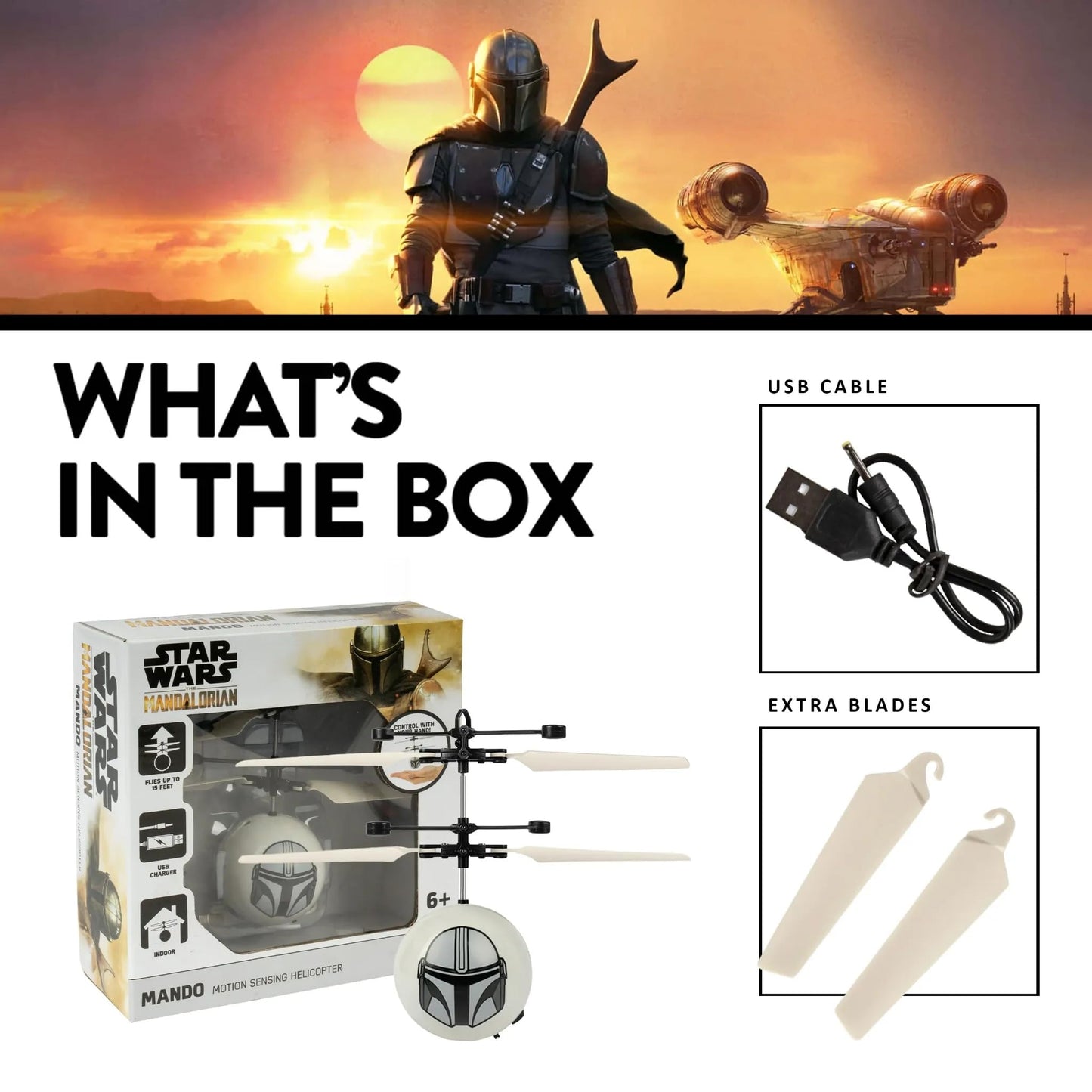 World Tech Toys Star Wars Mando Flying Toy – Motion Sensing Flying Ball with USB Charging - Star Wars Licensed - Indoor/Outdoor Drone for Kids Ages 6+