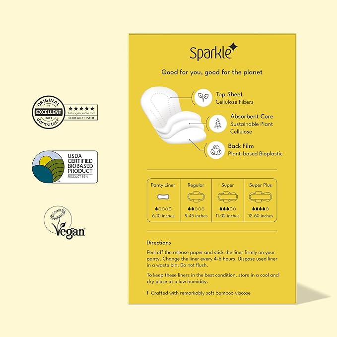 Sparkle Bamboo Incredibly Thin Panty Liners | Plant Based, Flexible & Comfortable Panty Liners for Women | Ideal for Everyday Discharge & Spotting | USDA Certified Biobased & Chlorine-Free | 80 Count
