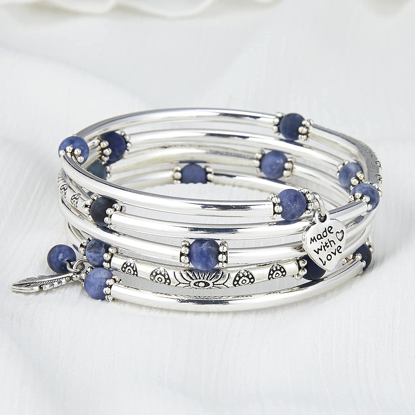 FULU AUTUMN Beaded Bangle Bracelets for Women Silver Wrap Bangles Bracelet Womens Costume Jewelry Fashion Gift(Blue)