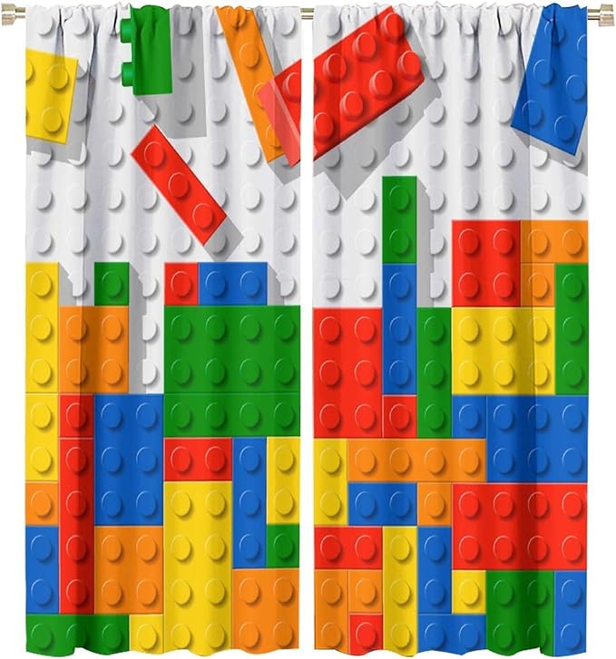 Building Blocks Toy Curtain Rod Pocket Children's Nursery Abstract Outline Colorful Plastic Toy Brick Geometric Print Pattern Curtain Boys Girls Bedroom Playroom 2 Panels 55x63in