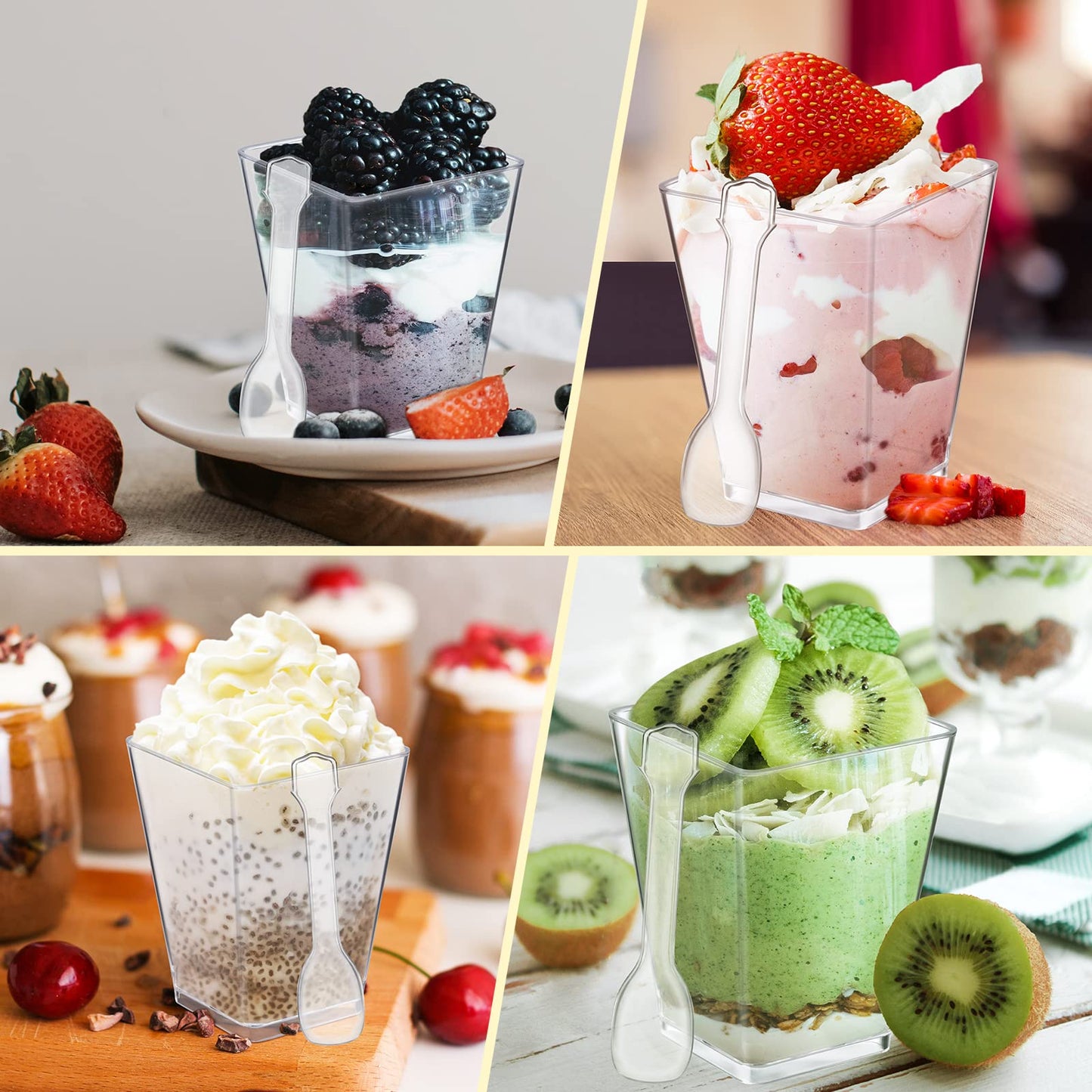 Eupako 100 Pack 5 oz Square Clear Plastic Dessert Cups with Spoons Small Clear Plastic Tumbler Cups Great for Desserts, Appetizers, Puddings, Mousse, Parfait