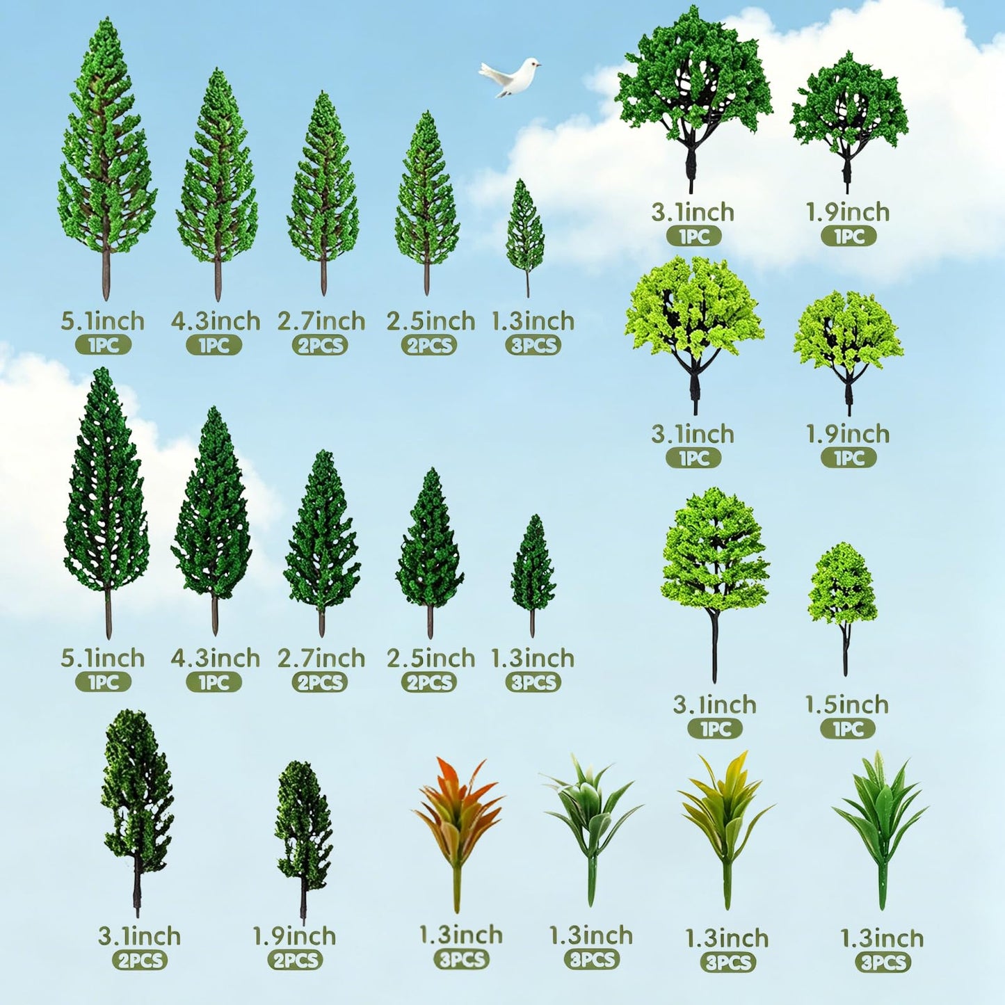Choisonye Model Trees 1.1-5.1inch Mixed Diorama Green Model Trees Colorful Grass Architecture Mini Trees for Crafts Building Model Railway Scenery Landscape Supplies