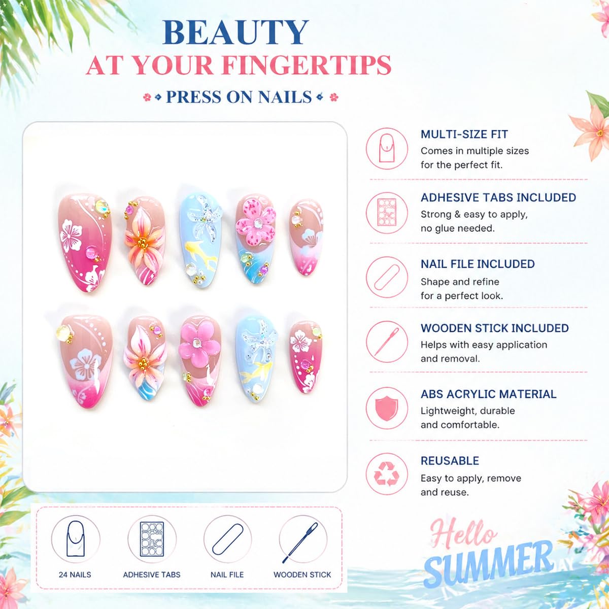 30Pcs Summer Press on Nails Medium Almond French Tip Fake Nails Cute Flower Cherry Blossom False Nails with 3D Pearl & Rhinestones Designs Reusable Pink Blue Acrylic Stick on Nails for Women Manicure