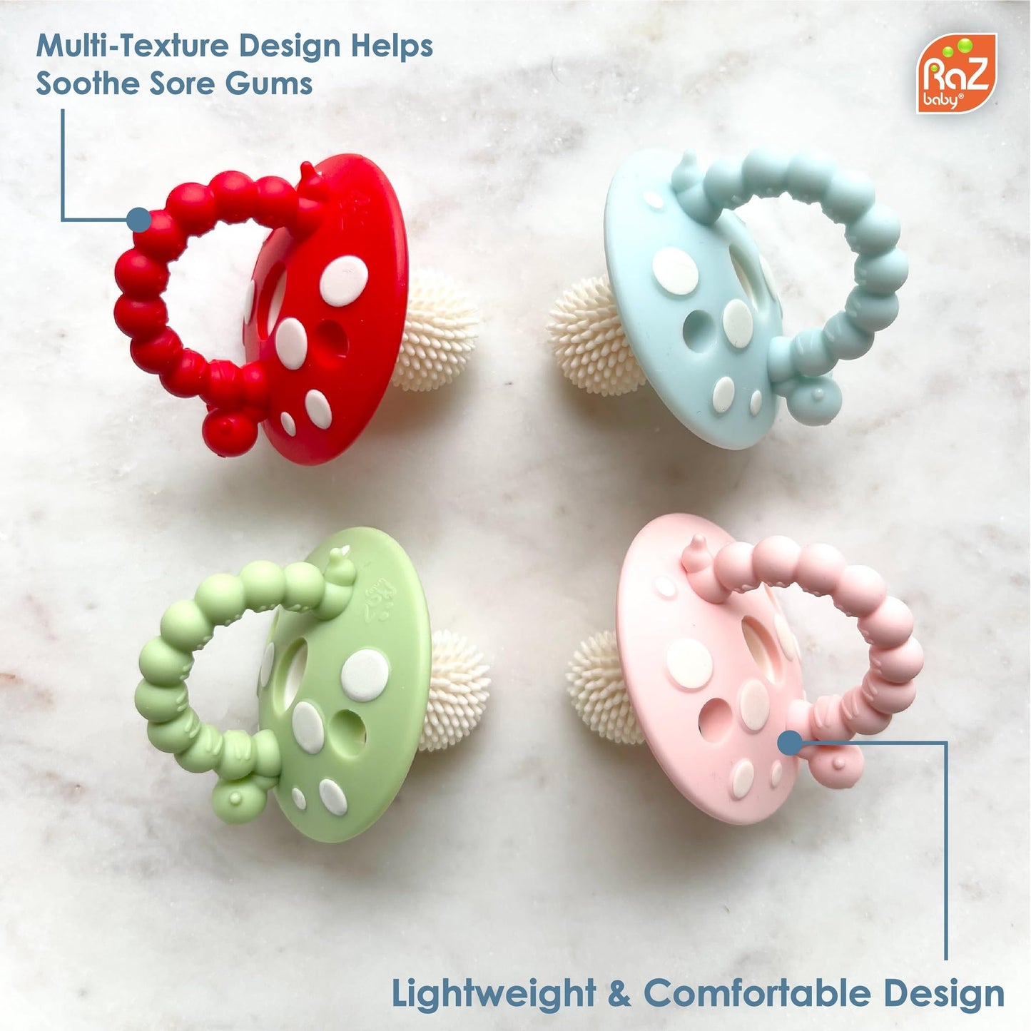 RaZbaby RaZberry and Chompy Teether for Teething Relief - BPA Free, Hand's Free Designed to Soothe Sore Gums and Teether - 2 of Each - 3M+