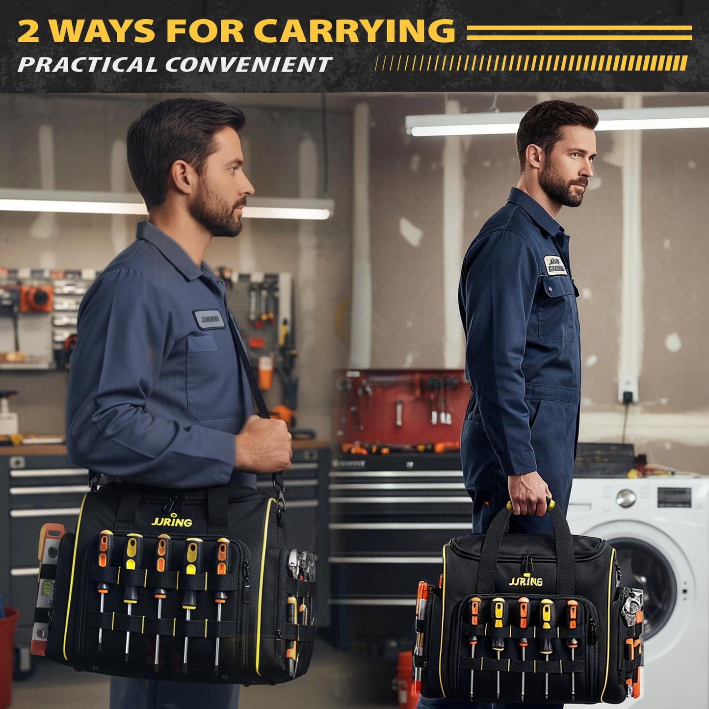 JJRING 2.0 Gen Tool Bag With 3 Removable Cases, Double Layers&Large Capacity Tool Tote, Multi-Pocket Organizer For Tools and Crafts, Durable And Water-Resistant(Yellow)