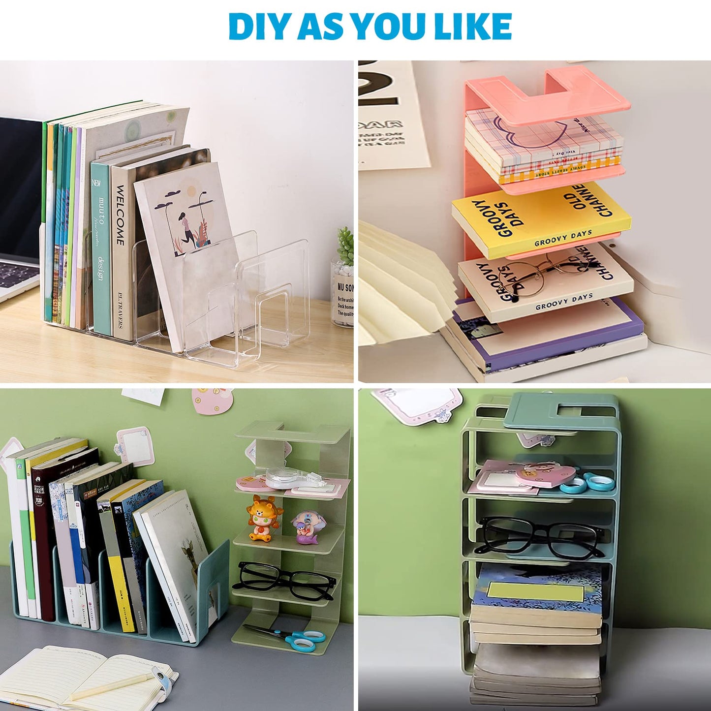 Marte Vanci Clear Acrylic File Sorter, Sturdy Desk File Organizer Shelf Book Holder Purse Handbag Clutch Divider File Folder Rack for Letter Cookbooks Home Office Kitchen Supplies 4 Sections (2 Pcs)