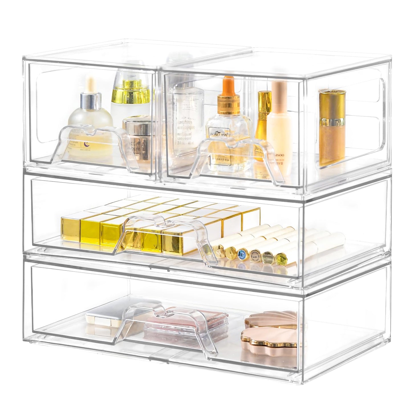 Stebopum 4 Pack Stackable Storage Drawers Clear Acrylic Organizer Bathroom Makeup Organizer and Storage for Beauty Supplies,Ideal for Vanity, Bathroom,Cabinet,Pantry Organization