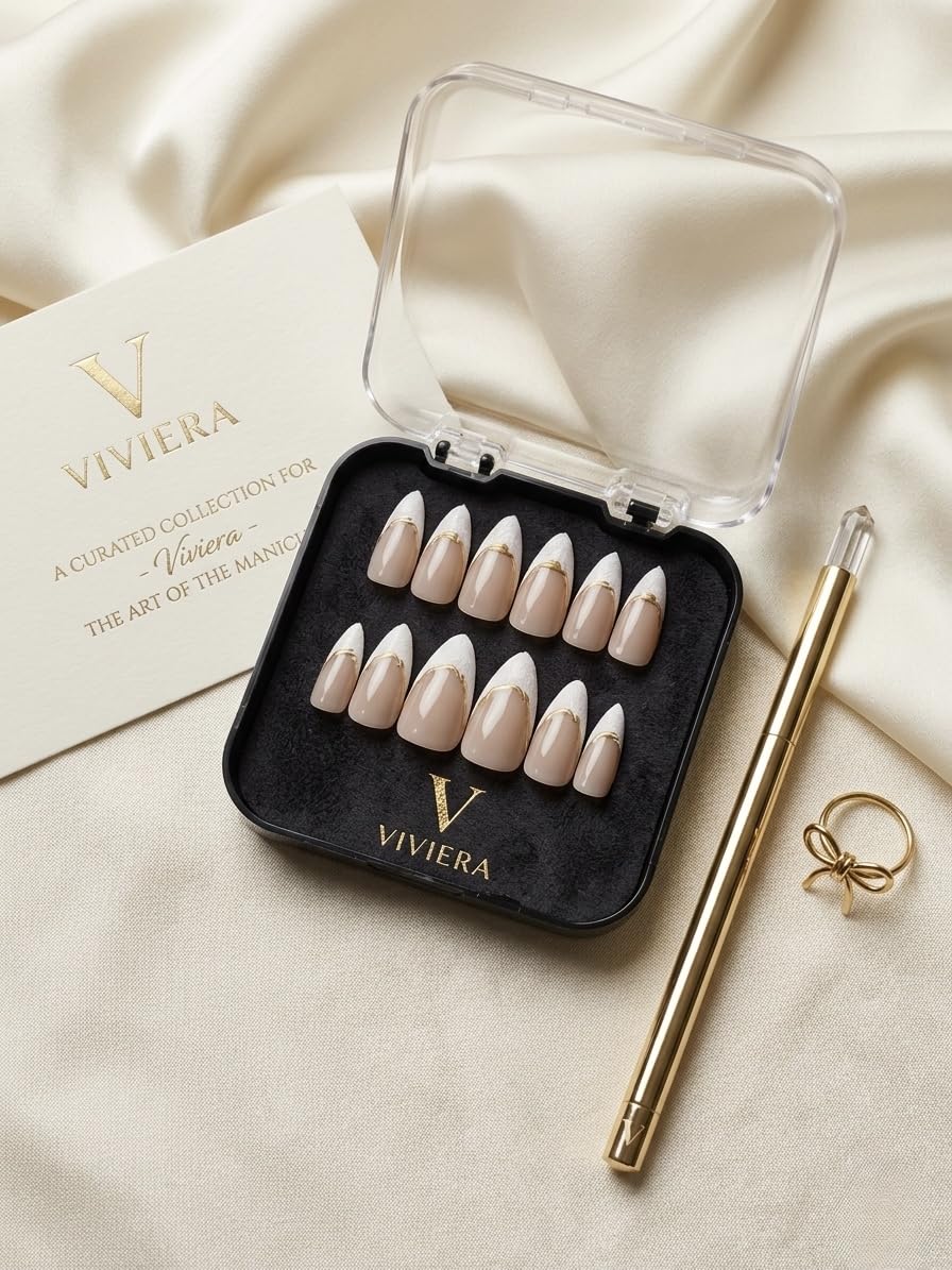 Viviera Press-On Nails, Nude Almond Shape with White French Tip and Gold Accent, 12 Handmade Pieces, Includes Manicure Kit